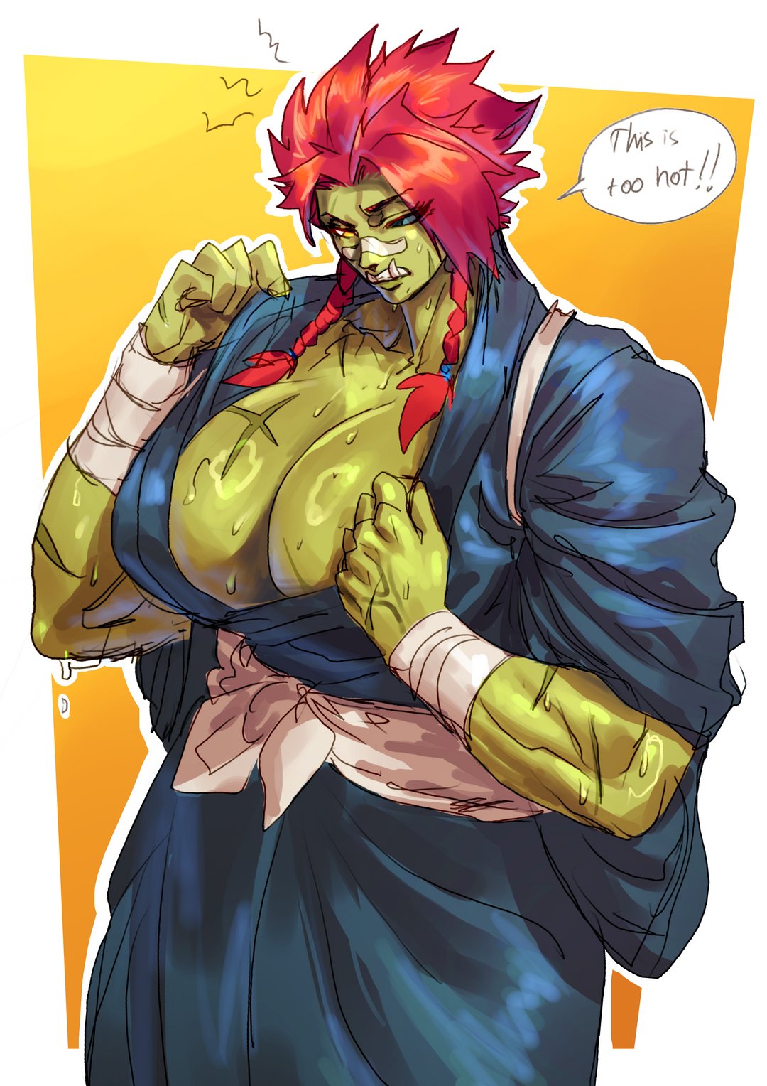 1girls, athletic, athletic female, big breasts, cassandra (virgoart1509), orc, orc female, scars, sweat, sweatdrop, sweaty, virgoart1509