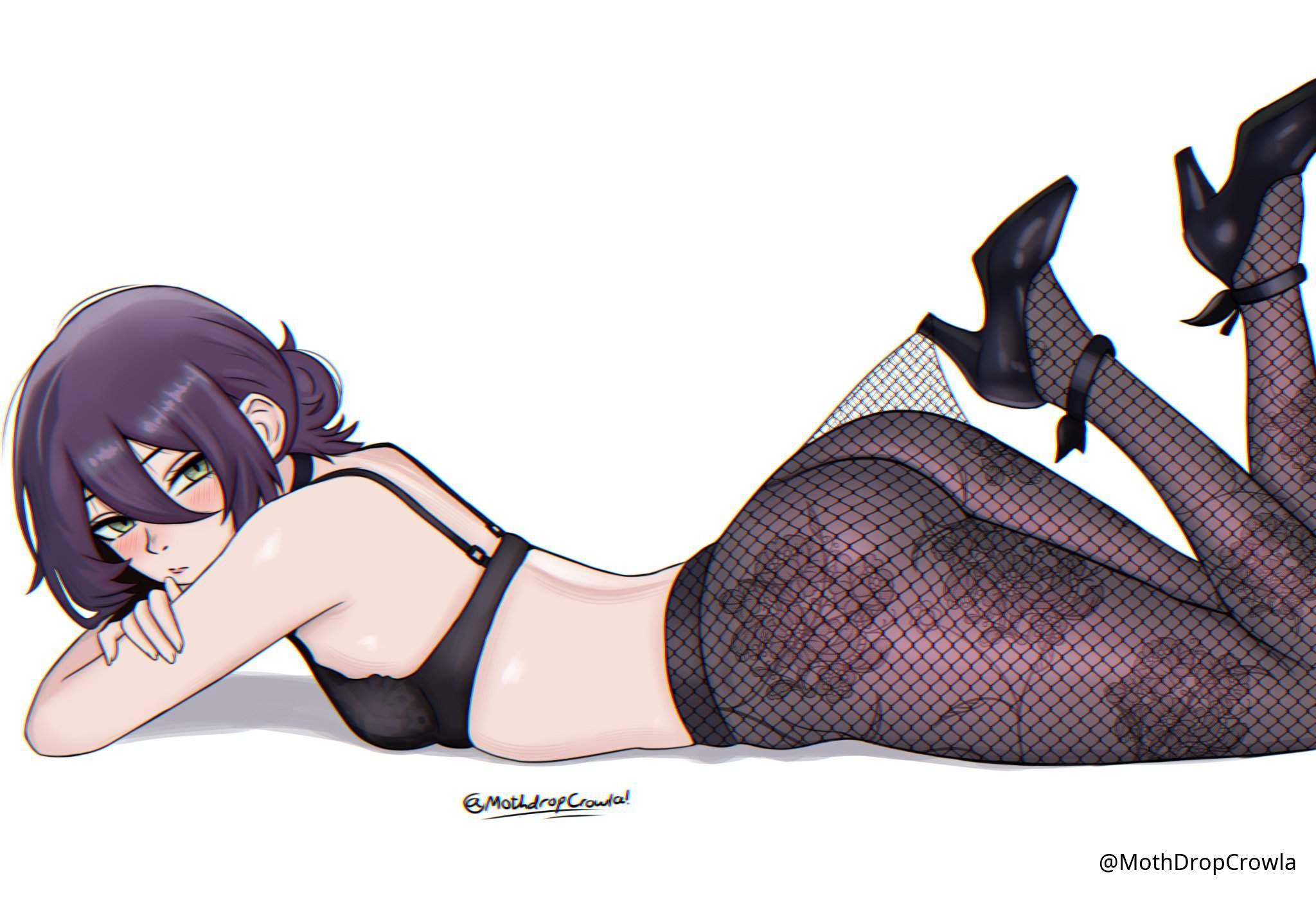 :t, 1girls, 2d, 2d (artwork), 2d artwork, arms crossed, ass, ass cleavage, ass crack, back, black bra, black choker, black footwear, black hair, black high heels, black legwear, black pantyhose, black shoes, black stockings, black tights, black underwear, black-haired female, blush, blush face, blushing at viewer, blushing female, bra, breasts, calves, chainsaw man, choker, crossed arms, digital, digital art, digital drawing, digital drawing (artwork), digital media, digital media (artwork), drawing, elbows, feet, female, female focus, female only, fingernails, fingers, fishnet pantyhose, fishnets, footwear, full body, green eyes, green-eyed female, hair between eyes, half naked, half nude, head tilt, high heels, high resolution, highres, knees, lace pantyhose, lace pantyhose hooked on heel (meme), lean figure, legs, legwear, long hair, looking at viewer, lying, lying down, lying on breasts, lying on floor, lying on ground, lying on stomach, median furrow, mothdropcrowla, naked, naked female, naked woman, narrow waist, nude, nude female, nudity, on breasts, on floor, on stomach, pantyhose, pantyhose pull, pantyhose pulled by self, pear-shaped figure, petite, petite body, petite breasts, petite female, petite girl, petite tits, posing, posing for the viewer, posing naked, posing nude, pout, pouting, pouting at viewer, pouting lips, pouty lips, reze (chainsaw man), semi nude, shoes, shoulders, sideboob, simple background, sitting, slender body, slender waist, slim waist, small breast, small breasts, solo, thick ass, thick butt, thick thighs, thighs, tights, tilted head, tiny breasts, underwear, underwear only, white background, wide hips