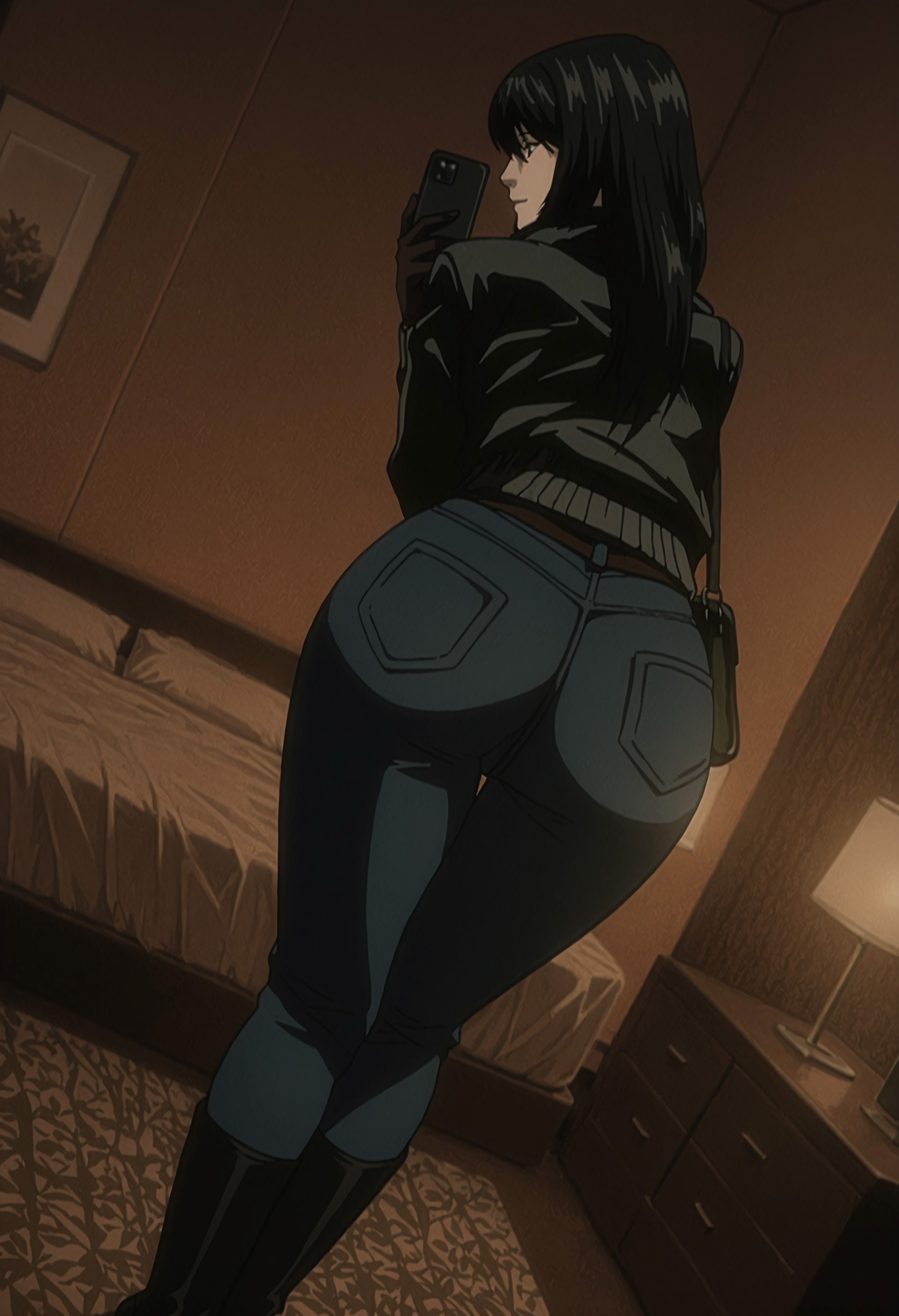 ai generated, ass, ass focus, bangs, bending forward, bending over, bent over, big butt, big penis, black boots, black hair, blue jeans, boots, brunette hair, calf boots, civitai, dark hair, death note, denim, fat ass, fat butt, female, gloves, hotel, hotel room, jacket, jeans, leather, leather boots, leather clothing, leather gloves, leather jacket, long hair, male, matingpresslover, mature female, mirror, mirror selfie, naomi misora, penis, provocative, provocative pose, selfie, selfie pose, smartphone, wide hips