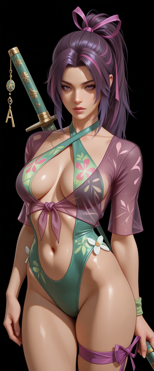 1girls, ai generated, female, marvel, marvel comics, marvel rivals, psylocke, psylocke (sai) (breezy butterfly), swimsuit, swimwear, sword