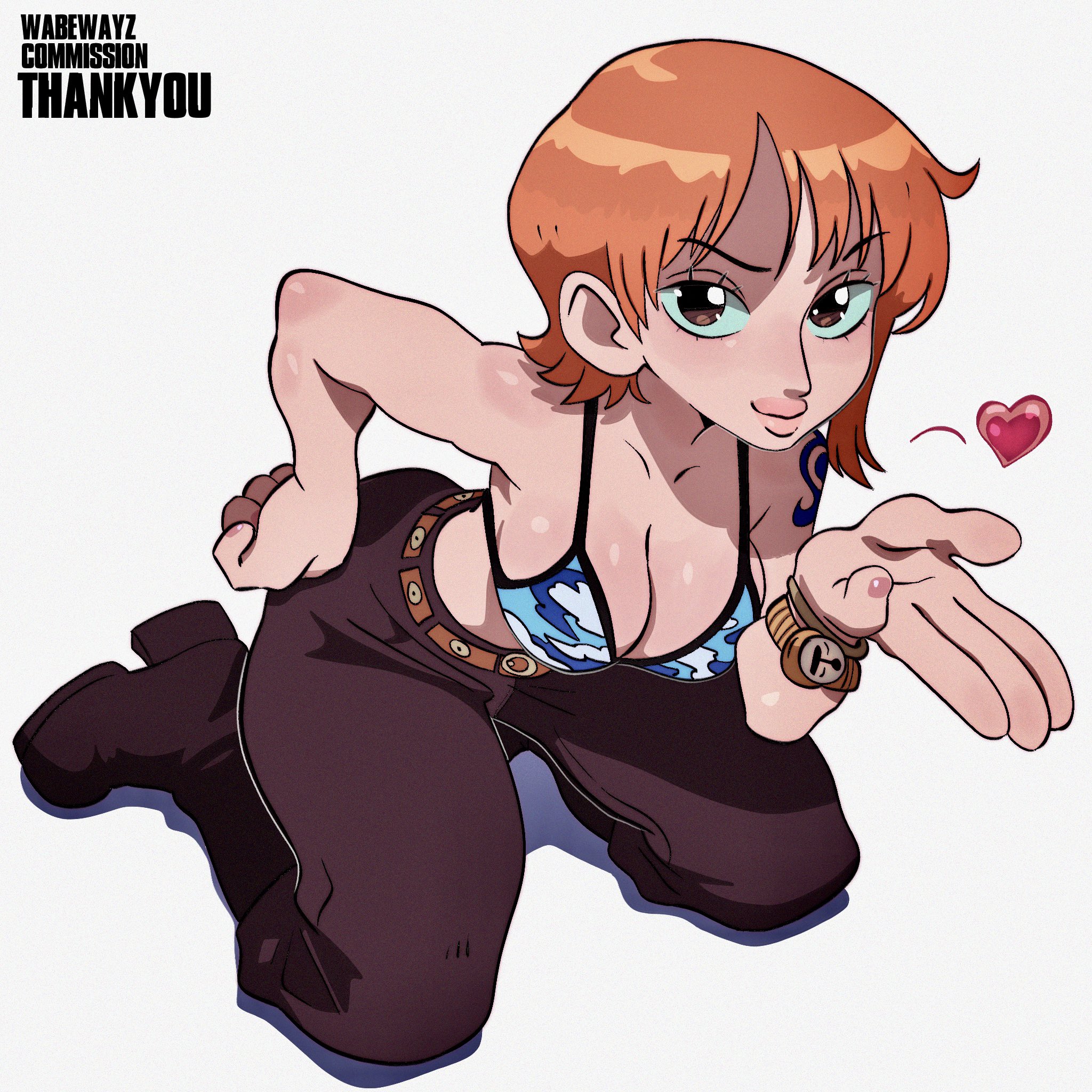 1girls, ai assisted, ai generated, arm tattoo, bikini top, blowing kiss, breasts, cleavage, clothing, female, female only, large breasts, long hair, looking at viewer, nami (one piece), one piece, orange hair, pre-timeskip, sideboob, skypiea, solo, tattoo, wabewayz