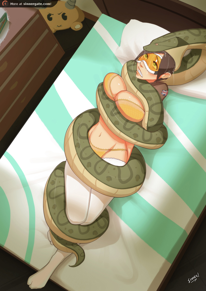 anaconda, asphyxiation, bikini, blizzard entertainment, brown hair, cleavage, coiling, constriction, female, goggles, green eyes, imminent death, jacket, navel, overwatch, overwatch 2, restrained, short hair, sillygirl, snake, thighhighs, tracer, vore, wink, zoophilia