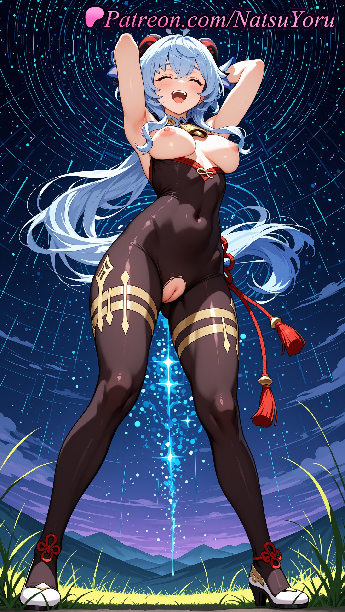 1girls, 2025, ahoge, ai generated, armpit, armpits, arms behind head, arms up, ass visible through thighs, bangs, bell, blue hair, blush, bodystocking, breasts, closed eyes, female, full body, ganyu (genshin impact), ganyu (genshin impact) (cosplay), genshin impact, grass, hi res, highres, horns, hoyoverse, long hair, mihoyo, mihoyo technology (shanghai) co. ltd., natsuyoru, neck bell, night, night sky, nipples, open mouth, outdoors, pantyhose, patreon, pussy, shooting star, sky, smile, solo, standing, star (sky), starry sky, tassel, torn clothes, voluptuous, voluptuous female