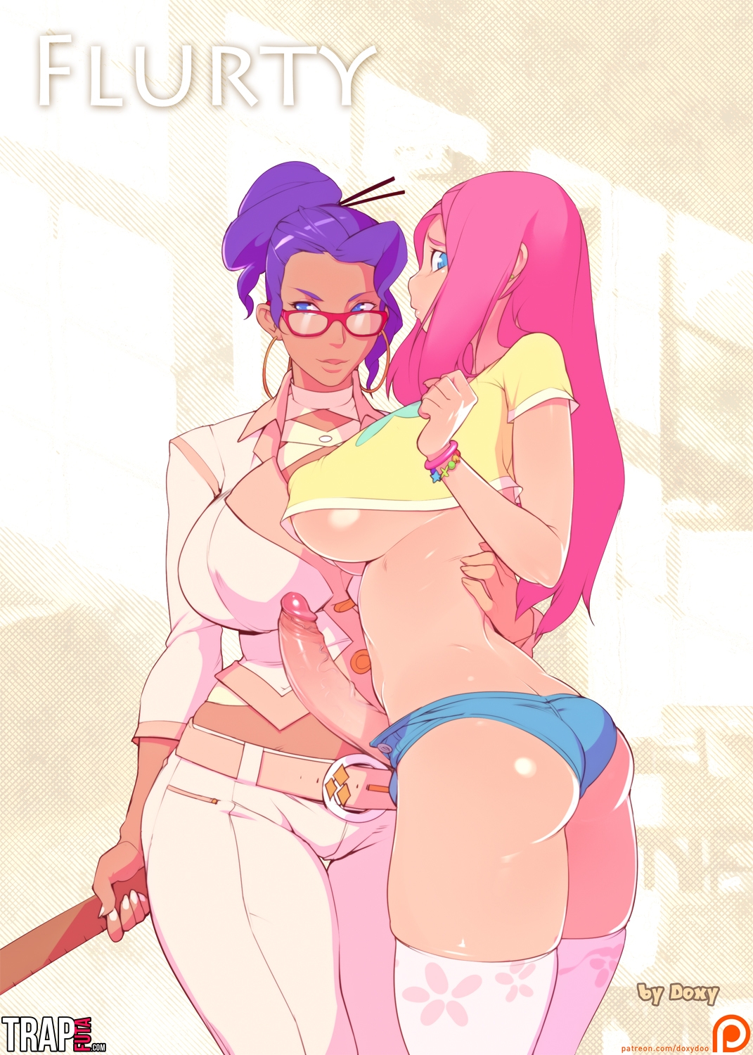 1futa, 1girls, ass, ass cleavage, ass crack, balls, balls bulge, balls under clothes, belt, bimbo, blue eyes, blue hair, bracelet, breasts, bulge, butt crack, cleavage, clothes, comic cover, cover, curvy, dark skin, doujin cover, doxy, duo, earrings, erect nipples, erection, female, femdom, flurty (comic), fluttershy (mlp), friendship is magic, futa sans pussy, futa with female, futanari, futashy, futasub, glasses, hair, hoop earrings, hoop earrings oversized, hourglass figure, huge breasts, huge penis, human, humanized, humanoid, intersex, jean shorts, large ass, long hair, my little pony, navel, nipple bulge, nipples, penis, penis out, pink hair, purple hair, rarity (mlp), ruler, short shorts, shorts, skimpy clothes, skindentation, standing, stockings, straight hair, t-shirt, teacher, teacher and student, testicles, thigh gap, thighhighs, underboob, vein, wide hips