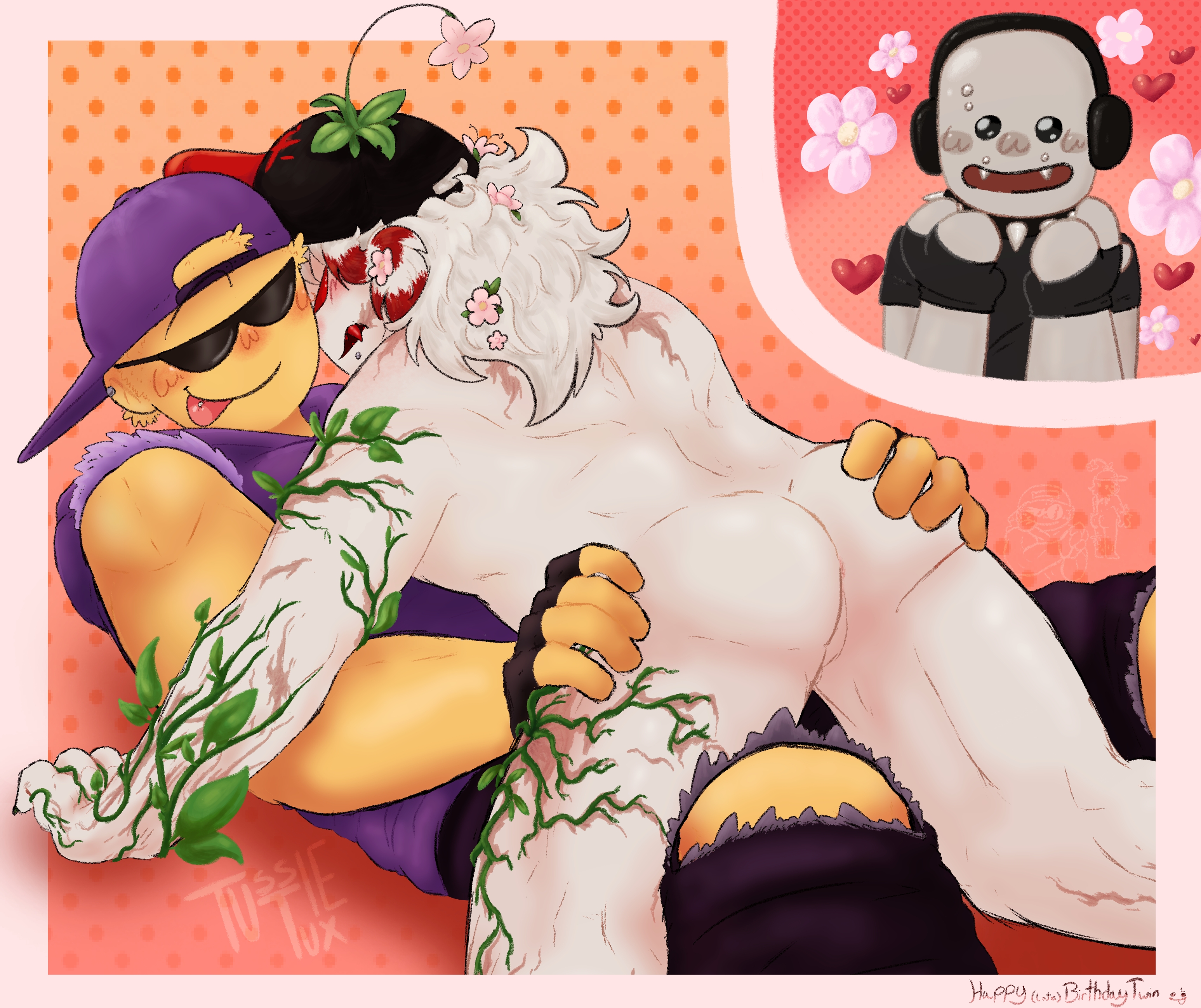2025, 3boys, block tales, blush, clothed, clothed male, facial piercing, fingerless gloves, finn mccool (block tales), flower, flowers, gloves, griefer (block tales), hands on hips, hat, heart, leaves, male, male only, muscular, muscular male, nude, nude male, original character, piercings, plants, red eyes, red teeth, roblox, roblox game, robloxian, scars, self upload, sunglasses, tagme, tongue out, tongue piercing, tussletux, vines, white body, yellow body
