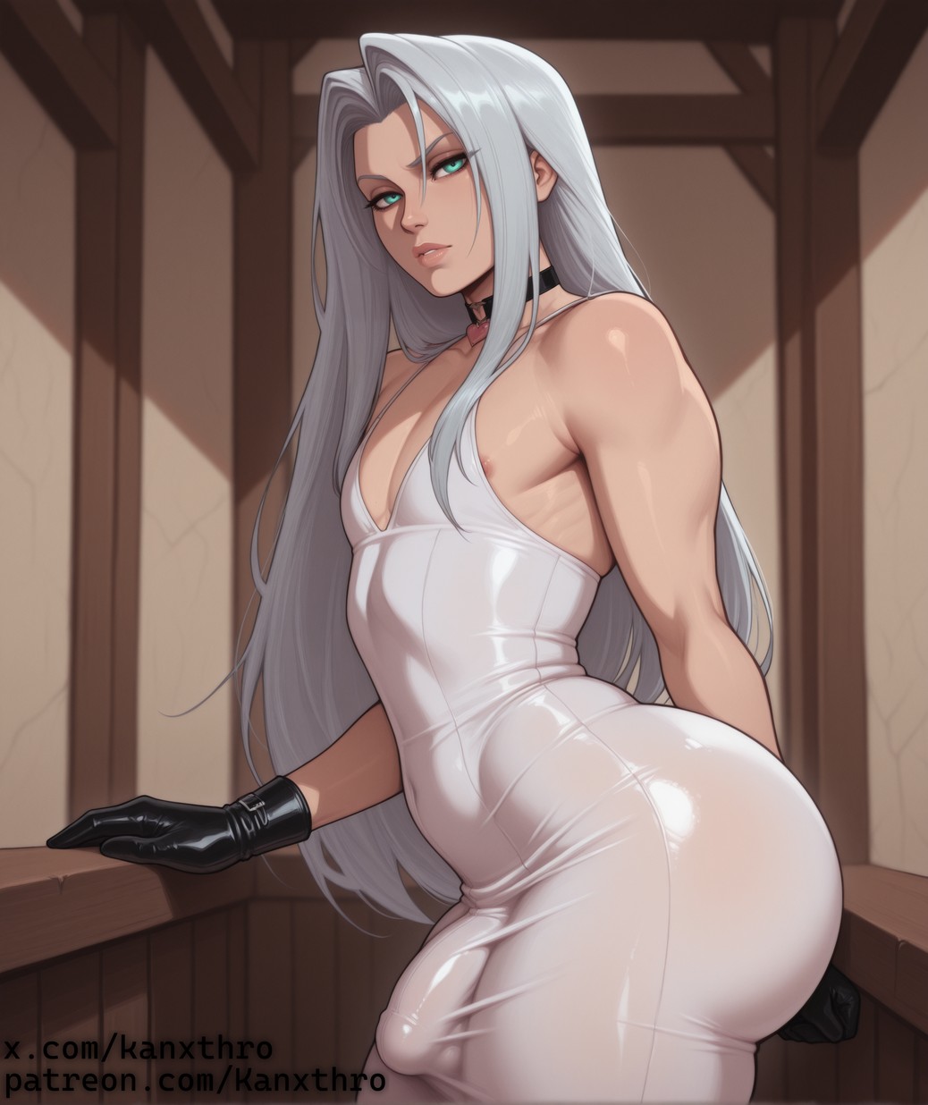 1boy, ai generated, balls, big ass, big ass (male), black gloves, bulge, bulge through clothing, choker, clothed, femboy, final fantasy, flat chest, gloves, green eyes, heart choker, indoors, kanxthro, long hair, looking at viewer, male, penis, penis outline, penis under clothes, sephiroth, solo, tight clothing, tight dress, white dress, white hair