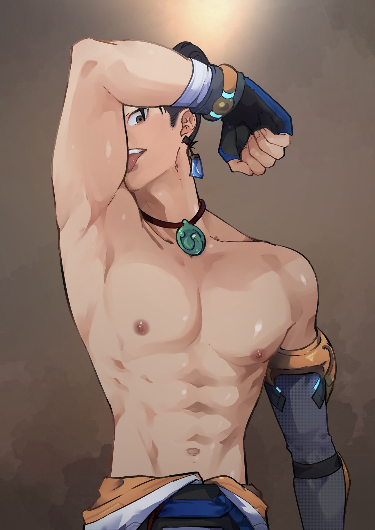 1boy, abs, arm up, armpits, biceps, black hair, fingerless gloves, flexing, gloves, licking arm, licking bicep, looking at viewer, male, male only, muscular, muscular male, nipples, overwatch, overwatch 2, pecs, shirtless, solo, solo male, standing, sticking out tongue, tongue, topless, wuyang