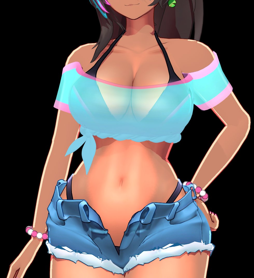 3d 3d_model big_breasts black_hair bra bust dark_skin highlights_(coloring) indie_virtual_youtuber neon_harper nonbinary tan_body translucent_clothing virtual_youtuber wet_topwear