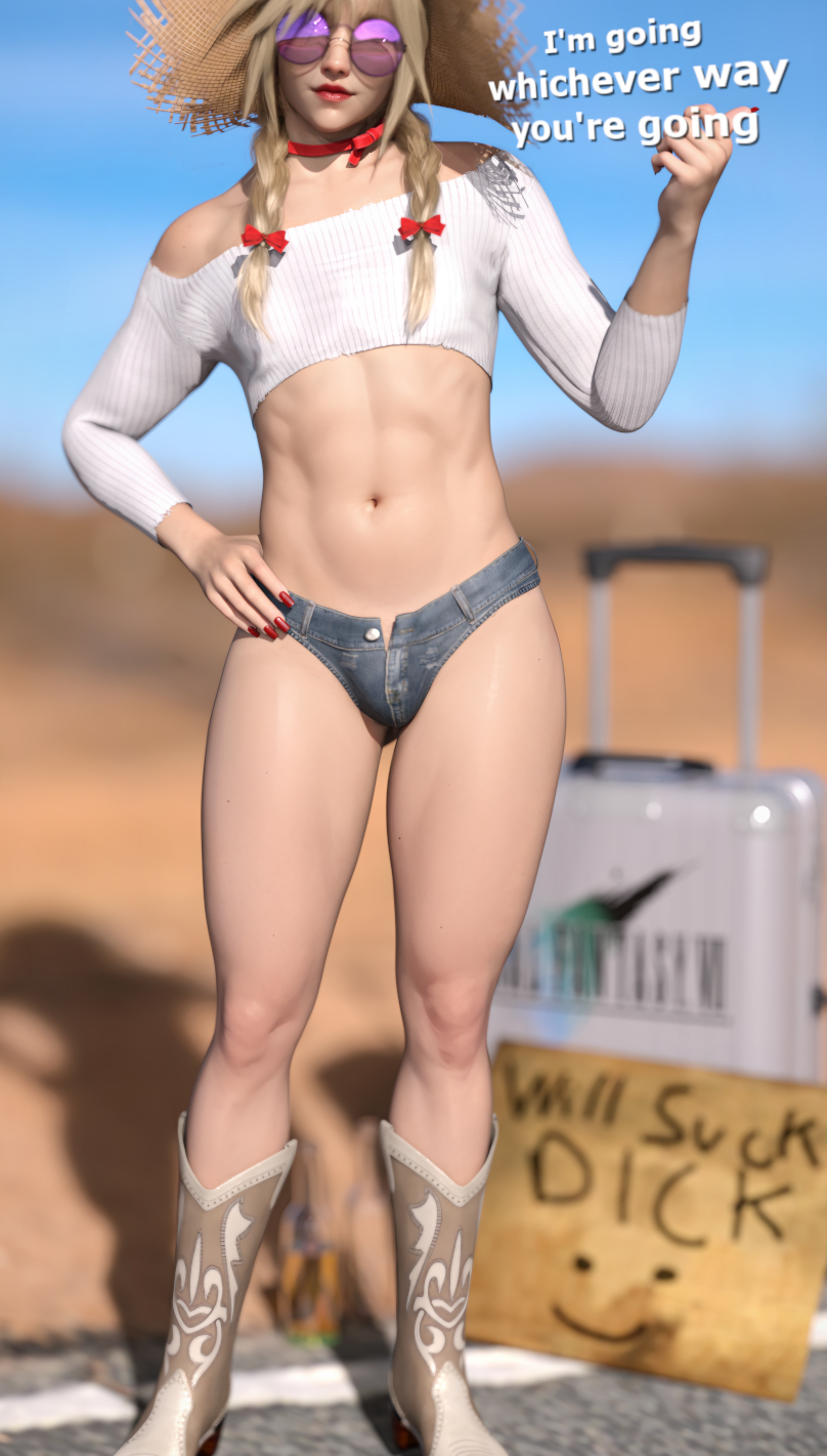1boy, 3d, 3d (artwork), abs, blonde hair, braided hair, bulge, choker, cloud strife, collar, cowboy boots, crop top, crossdressing, day, english text, femboy, femboy focus, final fantasy, final fantasy vii, final fantasy vii remake, gay, girly, glasses, hdregrets, hitchhiking, hotpants, human, human male, jean shorts, light skin, light-skinned femboy, light-skinned male, lipstick, makeup, male, male focus, male only, micro shorts, minishorts, muscles, nail polish, outdoors, red lipstick, short shorts, shorts, sissy, small bulge, solo, square enix, sunglasses, text, toned, toned male, twink, uncensored, yaoi