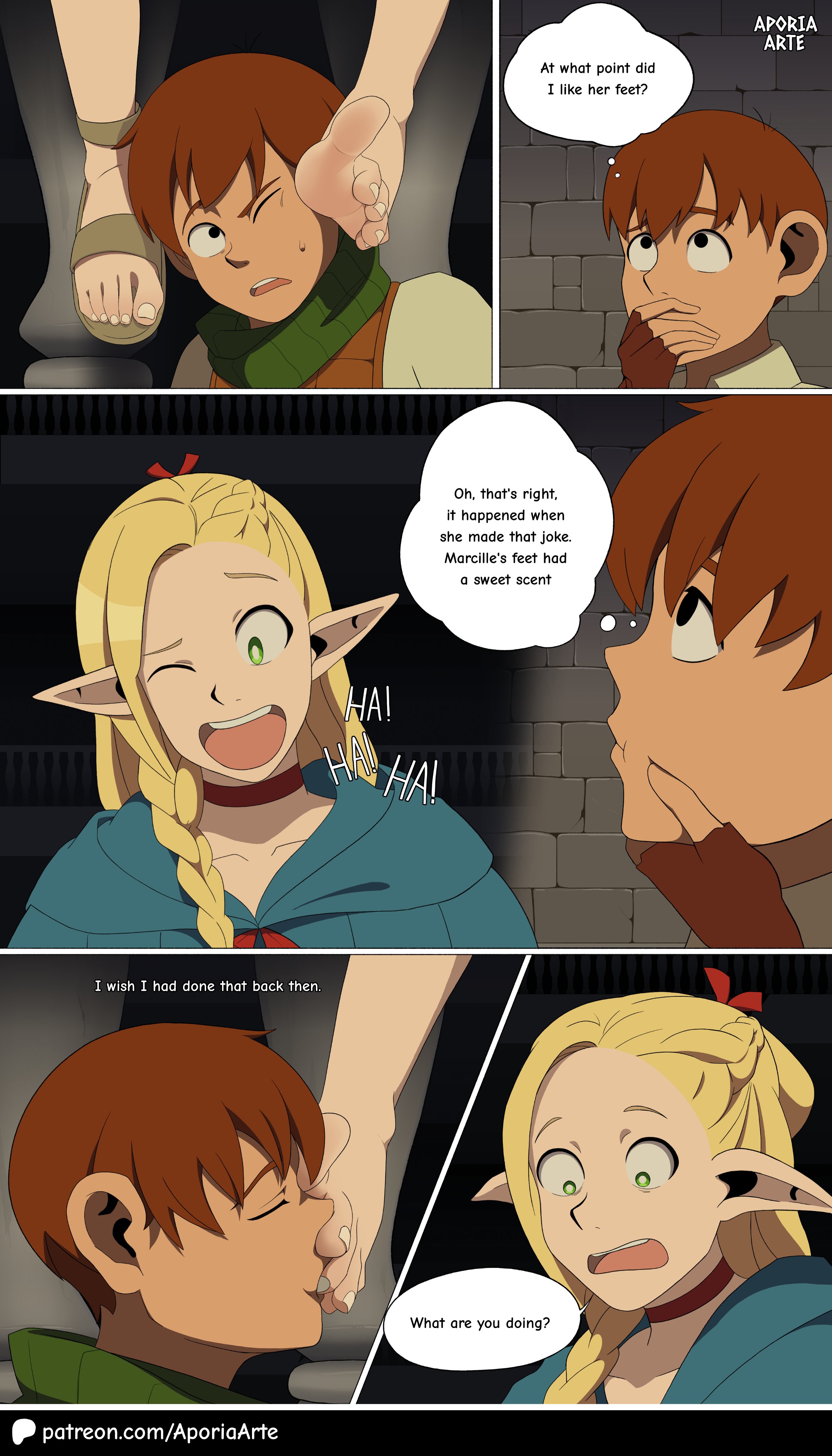 aporia arte, big toes rise, chilchuck tims, comic, dungeon meshi, feet, foot fetish, foot on face, foot on head, licking foot, marcille donato, sandals, smelling feet, smelly feet, toes, toes choki pose
