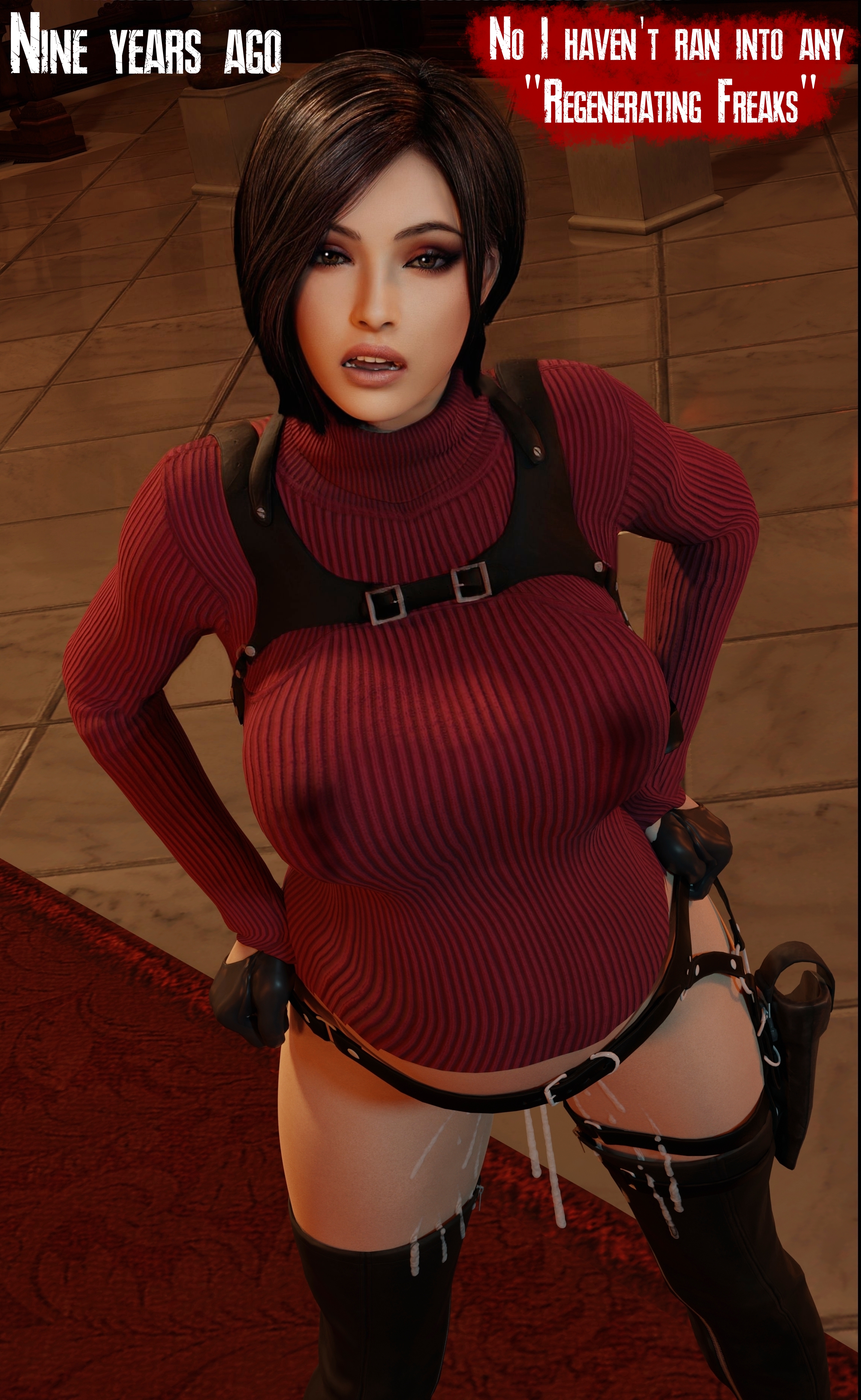 1boy, 1girls, 3d, 3d (artwork), 3d background, ada wong, ada wong (adriana), after impregnation, after rape, after sex, asian, asian female, belt, big boobies, big boobs, big breasts, big tits, big titties, black gloves, black hair, black hair female, black holster, black thighhighs, boobies, boobs, breasts, brown eyes, capcom, clothed female, clothes, clothing, cuck, cucked by enemy, cuckold, cuckold pov, cuckolding, cum, cum drip, cum dripping, cum dripping from pussy, cum dripping out of pussy, cum in pussy, cum in vagina, cum inside, cum on body, cum on lower body, cum on thighs, deception, dialogue, english dialogue, english text, fat boobies, fat boobs, fat breasts, fat tits, fat titties, female, female focus, flashback, gloves, hands on hips, hip grab, holster, holster strap, impregnated, impregnating rape, impregnation, lactating, lactating nipples, lactating through clothing, lactation, lactation through clothes, leather gloves, leg holster, leon scott kennedy, lies, lying, male, male pov, no panties, no underwear, no visible genitalia, ntr, pov, pussy, red carpet, red eyeshadow, red sweater dress, regenerador, resident evil, resident evil 4, resident evil 4 remake, sekaithereturn, semen, semen drip, semen dripping, semen in pussy, semen in vagina, semen inside, semen on body, semen on lower body, semen on thighs, shoulder holster, sperm, sweater dress, teeth, teeth showing, teeth visible, thighhighs, tile floor, tiles, tits, titties