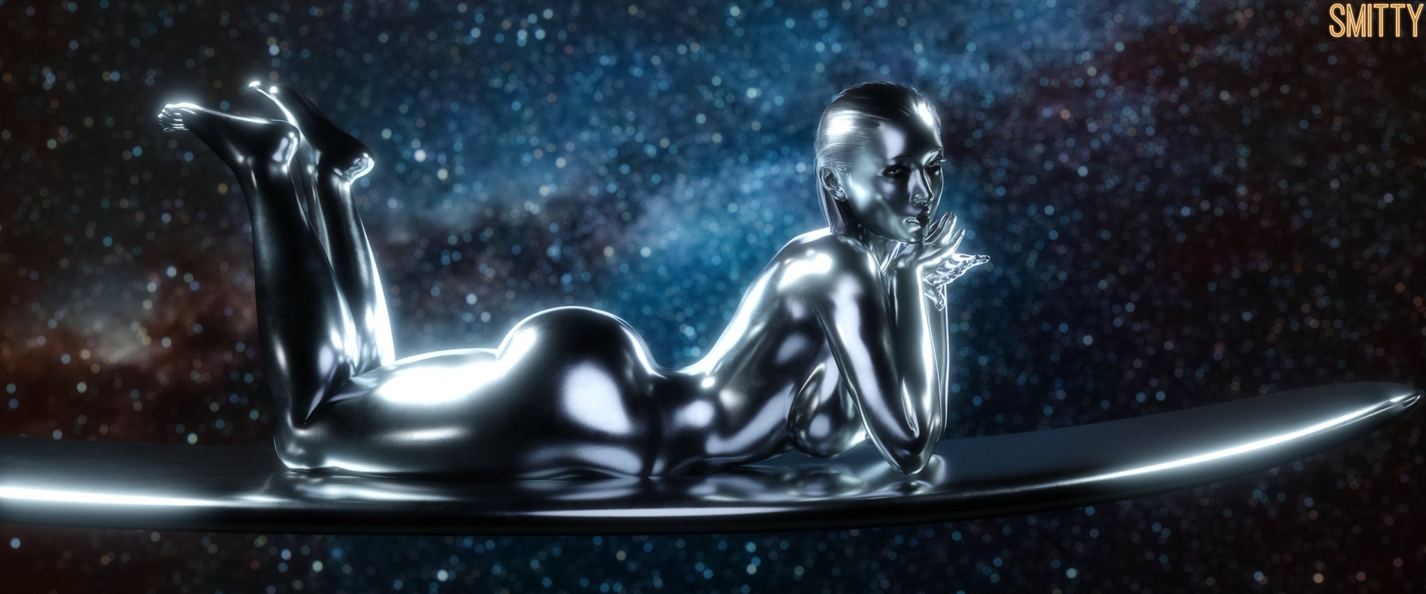 1girls, 3d, 3d (artwork), ass, female, lewd, marvel, marvel comics, outer space, shalla-bal, side view, silver surfer, silver surfer (shalla-bal), smitty34, tagme