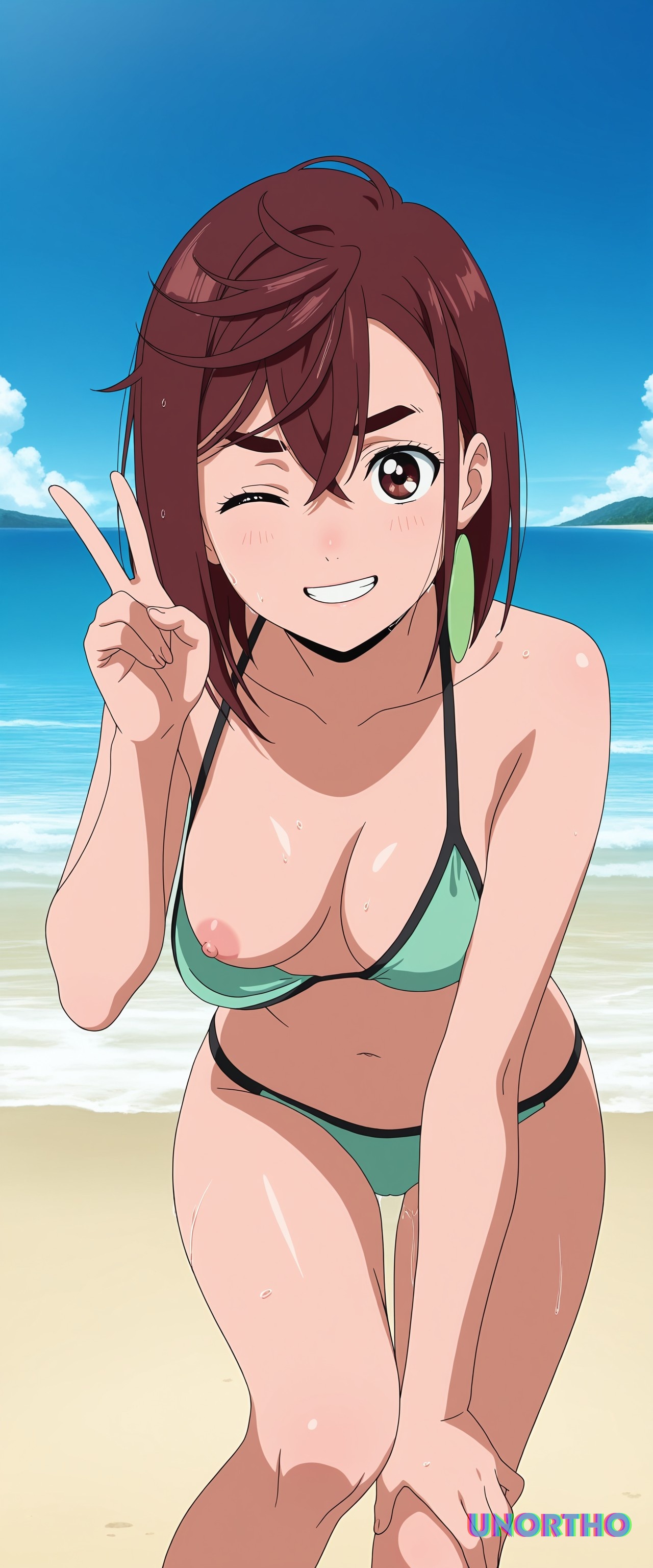 1girls, ai generated, ayase momo, beach, bent knees, bikini, breasts, brown eyes, brown hair, dandadan, earrings, exposed breast, exposed nipple, female, hi res, medium breasts, medium hair, one eye closed, one nipple out, peace sign, smile, un0rth0, wet, wet body