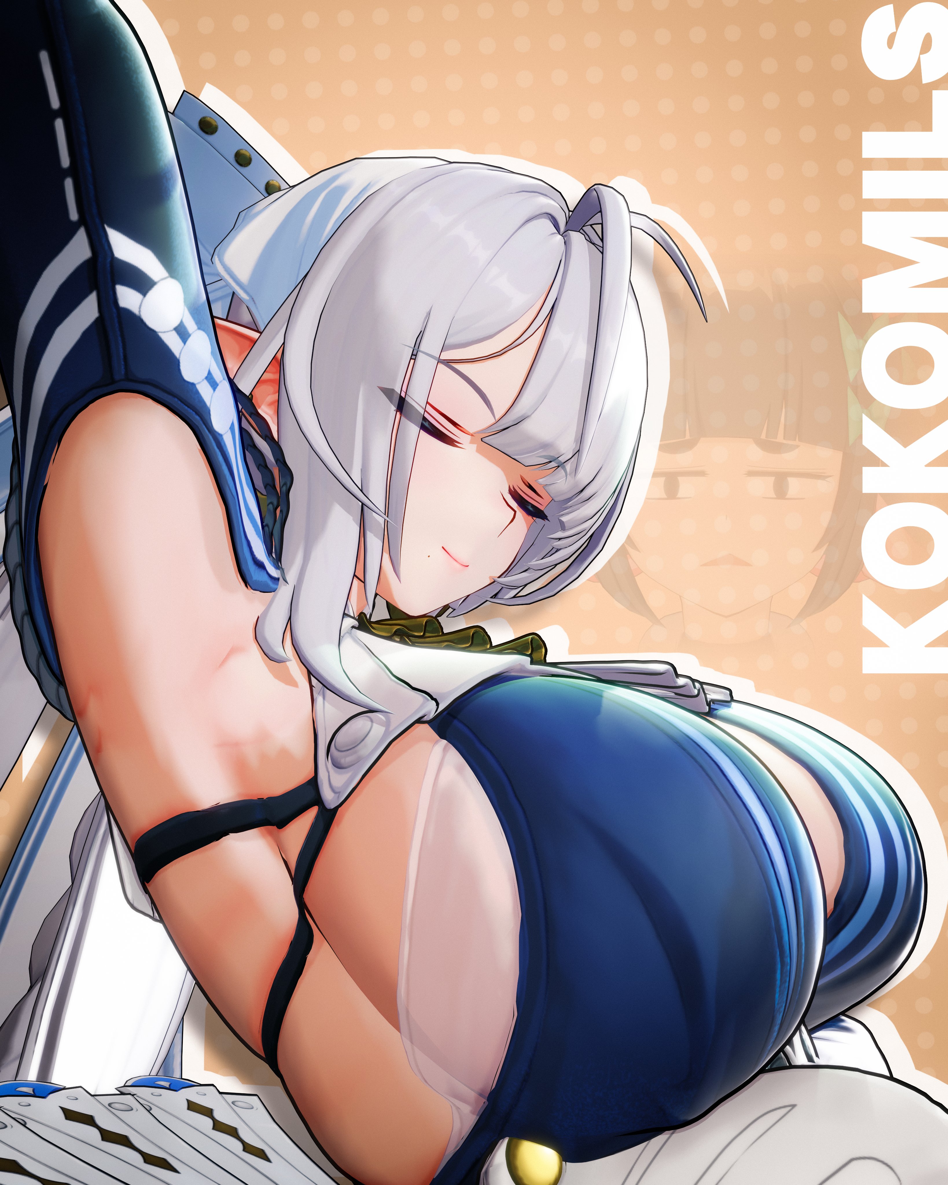 2girls, 3d, 3d (artwork), absurdres, angels of delusion, antenna hair, armpits, arms behind head, arms up, artist name, ascot, big breasts, blue dress, breasts, closed eyes, closed mouth, commentary, dress, english commentary, from side, highres, huge breasts, kokomils, multiple girls, nangong yu (zenless zone zero), pointy ears, silhouette, smile, upper body, velina airgid, white hair, zenless zone zero