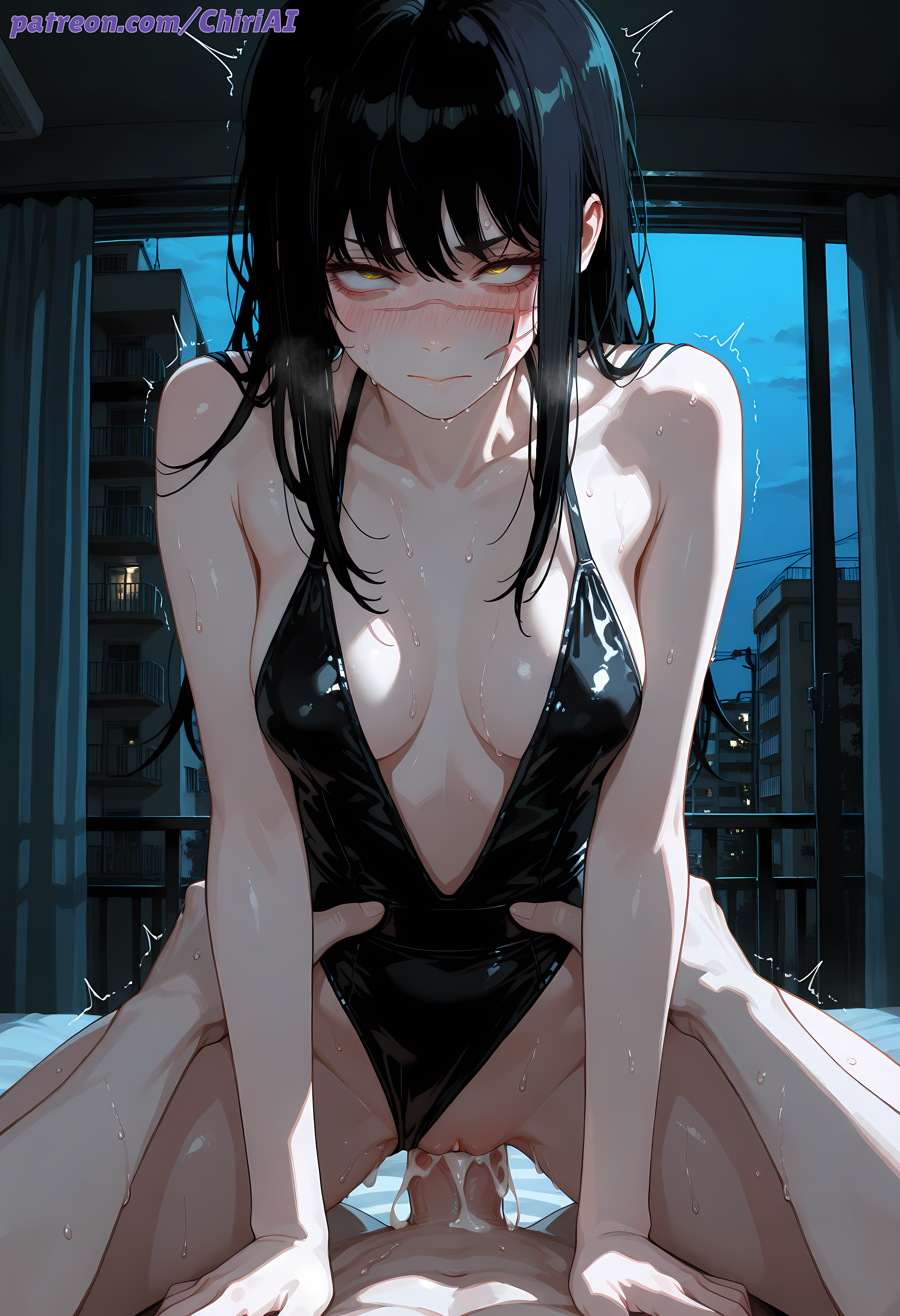 1boy, 1girls, ai, ai generated, anime, anime style, black hair, black leotard, blush, blushing at viewer, breasts, chainsaw man, chiriai, clothed female nude male, cowgirl position, cum in pussy, cum on penis, cum overflow, eyes rolling back, female, high resolution, highleg, highleg leotard, highres, in heat, infit, large penis, leotard, leotard aside, male, nude male, on bed, orange eyes, patreon, patreon username, penis, plunging neckline, pov, pussy, red eyes, revealing clothes, rolling eyes, scar, scar on face, straddling, sweat, sweating, torso grab, trembling, trembling for pleasure, vaginal penetration, vaginal sex, waist grab, wide hips, yoru (chainsaw man)