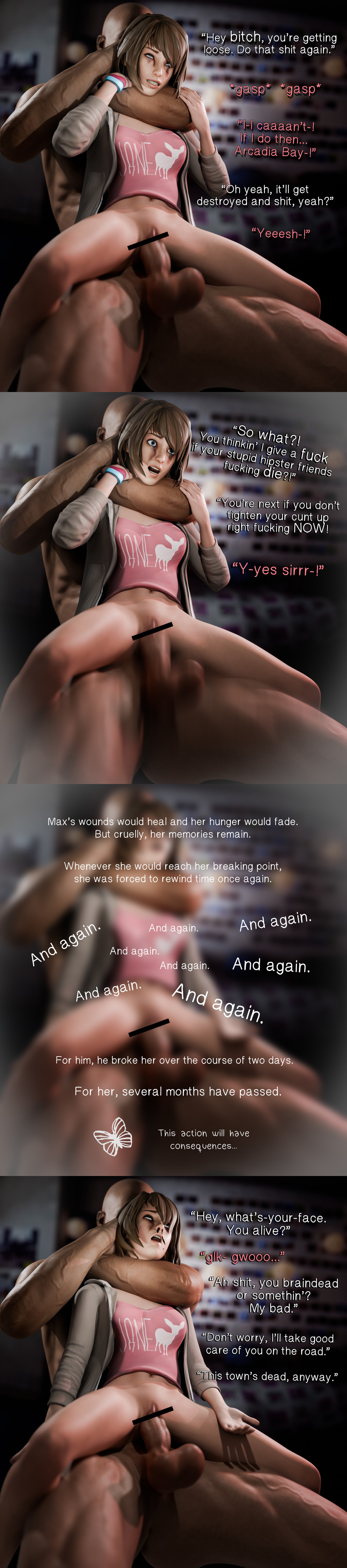 1boy, 1boy1girl, 1girls, 4koma, asphyxiation, bald male, blood, brown hair, caption, choke hold, clenched teeth, clothing, dark-skinned male, eyes rolling back, female, guro, human, life is strange, male, max caulfield, mind break, necrophilia, not again, nude male, open mouth, pale skin, partially clothed female, pussy, rape, straight, text, time travel, vaginal, vaginal penetration