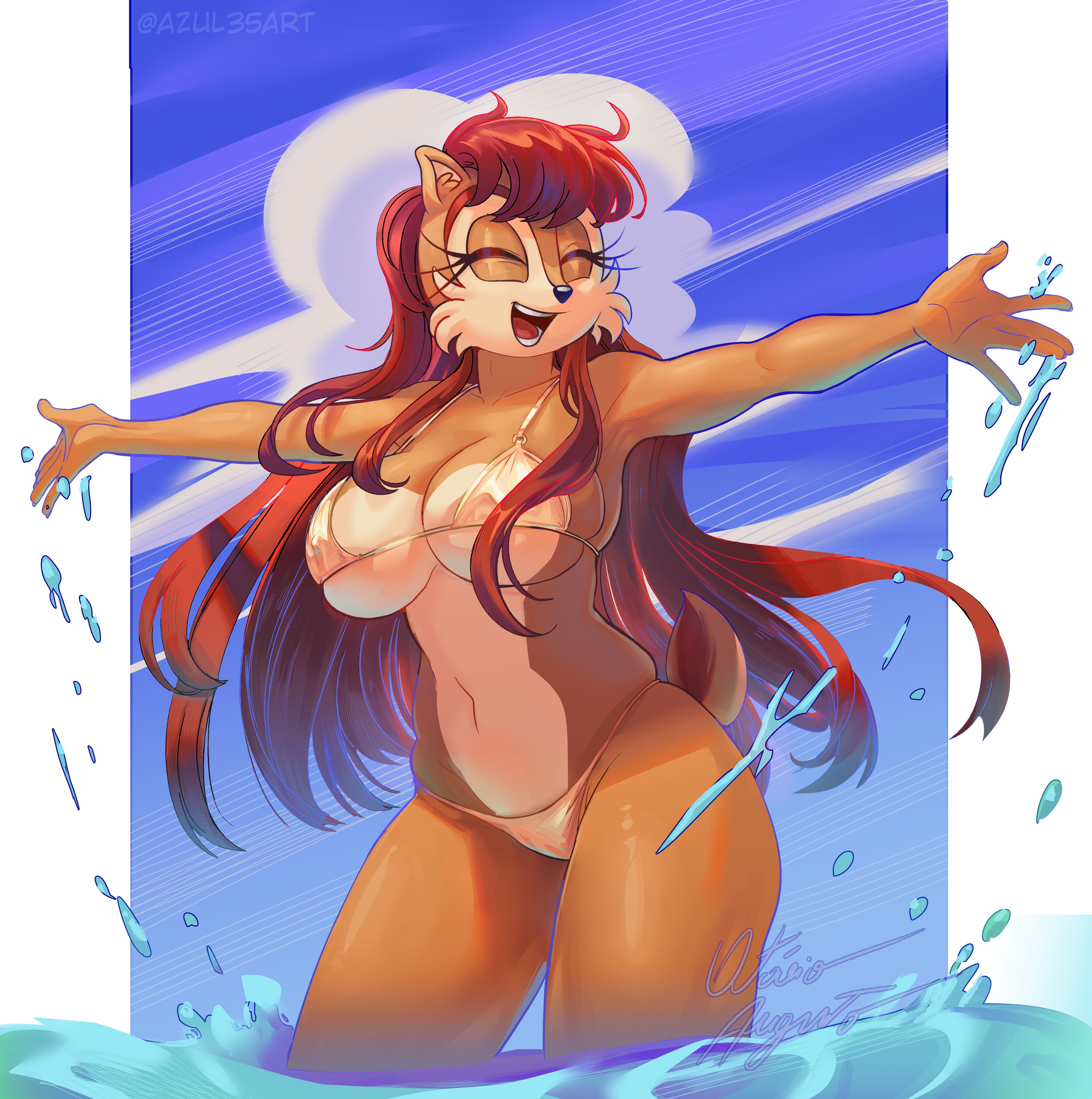 absurd res, anthro, azul35art, big breasts, bikini, breasts, chipmunk, clothing, female, fur, ground squirrel, hi res, mammal, navel, open mouth, rodent, sally acorn, sciurid, sega, solo, sonic (series), sonic the hedgehog (series), squirrel, swimwear, two-piece swimsuit, water, wide hips