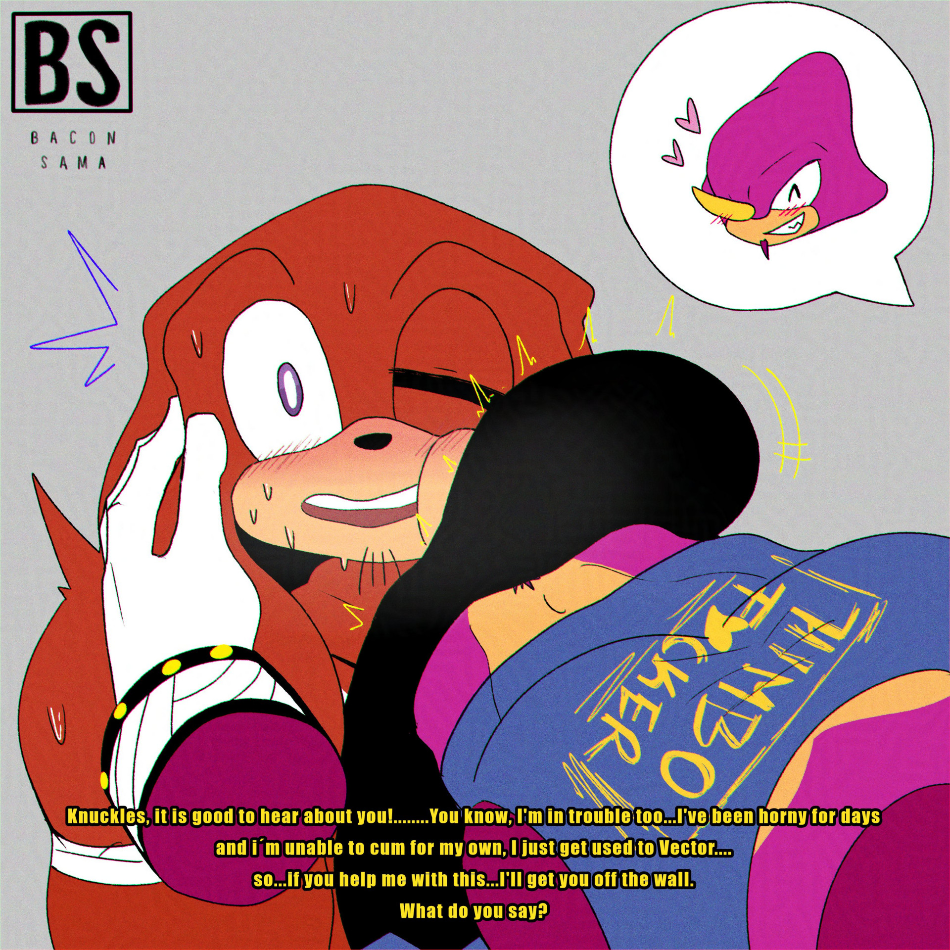2boys, anthro, arm wraps, bacon sama, blush, bodily fluids, bulge, bulge on face, chameleon, chin tuft, clothing, dialogue, duo, echidna, espio the chameleon, facial hair, facial tuft, gay, gay male, goatee, heart symbol, hi res, knuckles the echidna, lizard, male, mammal, monotreme, motion lines, multiple boys, multiple males, muscular, muscular male, one eye closed, pubes, reptile, requesting, scalie, sega, sex request, sharp teeth, shirt, smile, sonic (series), sonic the hedgehog (series), sth23074, stuck, sweat, sweatdrop, tank top, teeth, text, text on clothing, text on topwear, throbbing, throbbing bulge, through wall, topwear, tuft, wraps, yaoi