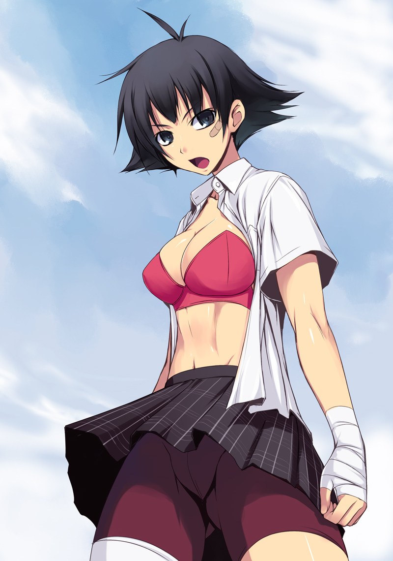 1girls bandage bandaid bandaid_on_face bike_shorts bike_shorts_under_skirt black_hair boy_shorts bra capcom female grey_eyes human makoto_(street_fighter) open_shirt pubic_mound short_black_hair short_hair skirt solo street_fighter street_fighter_iii street_fighter_iii:_3rd_strike street_fighter_iii_(series) street_fighter_iv street_fighter_iv_(series) tomboy upskirt