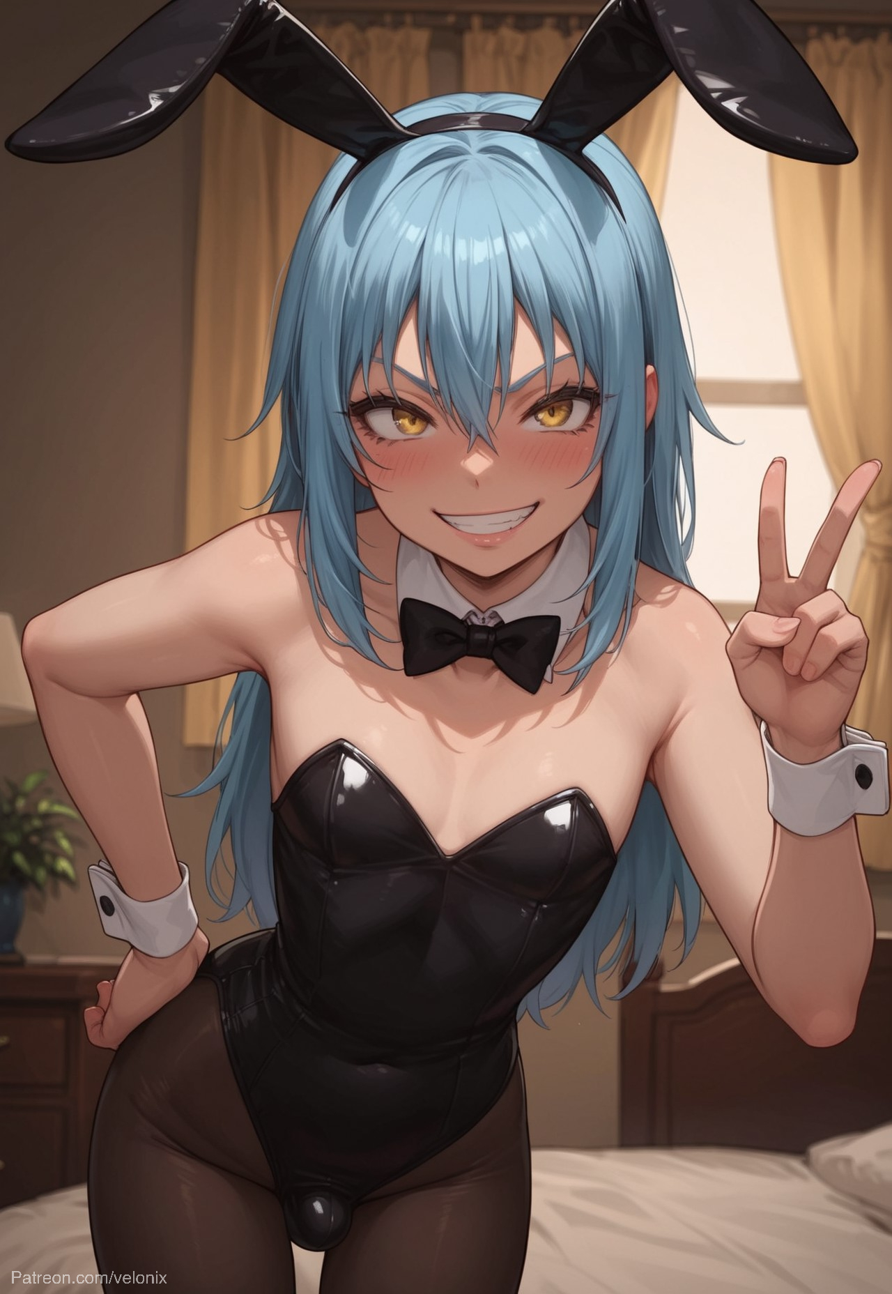 1futa, ai generated, armpits, ass, balls, big ass, big breasts, big butt, big hips, big penis, blue hair, blush, breasts, cleavage, dick, dickgirl, eyebrows, eyelashes, femboy, futa only, futanari, grin, grinning, grinning at viewer, hair, hands-free, huge cock, indoors, intersex, lips, long hair, looking at viewer, makeup, male, narrow waist, narrowed eyes, nose, penis, rabbit boy, rabbit ears, rabbit suit, rimuru tempest, seducing, seductive, seductive eyes, seductive gaze, seductive look, seductive mouth, seductive pose, seductive smile, slime, smile, smile at viewer, smiley face, smooth balls, smooth penis, smooth skin, solo, solo dickgirl, solo focus, solo futa, tensei shitara slime datta ken, testicles, velonix, yellow eyes