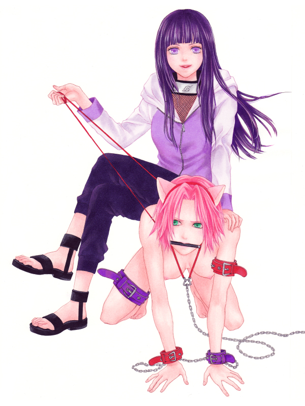 2girls, all fours, bdsm, bit gag, bondage, breasts, chains, clothes, cuffs, female, female only, front view, gag, gagged, green eyes, hair, hairband, human, human chair, hyuuga hinata, leash, multiple females, multiple girls, naruto, naruto (series), nude, pink hair, purple hair, sakura haruno, sandals, sitting, slave, smile, viceco03talis, yuri