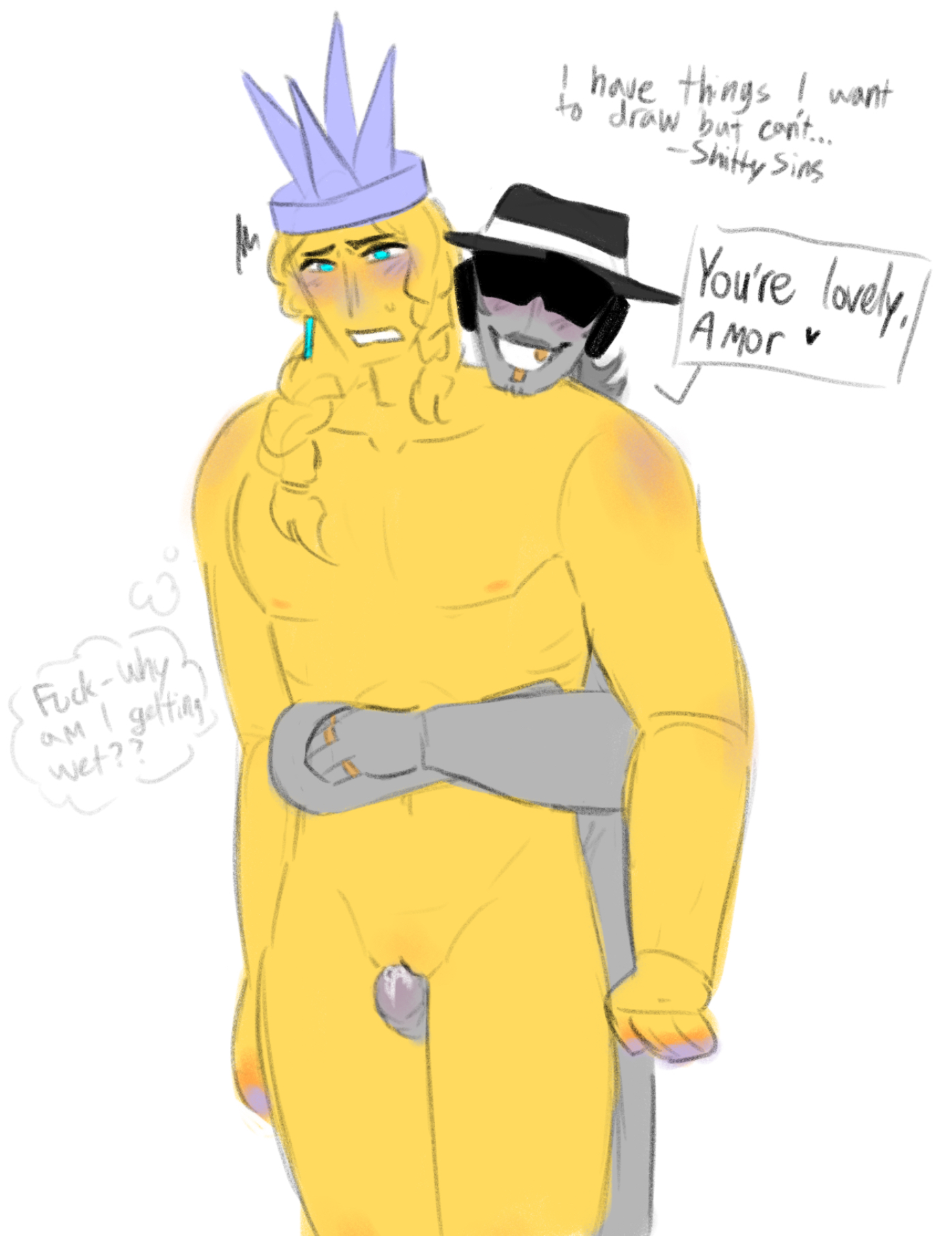 blue eyes, braid, braided hair, chance (forsaken), cold, color, colored, crown, cyan eyes, drawing, earrings, fedora, female, forsaken (roblox), golden tooth, gray hair, grey body, grey hair, grey skin, hair, hat, itrapped, itrapped (forsaken), leaking, male, penis, penis between thighs, pussy, rings, roblox, roblox game, robloxian, self upload, shittysins, sunglasses, thigh sex, wet pussy, yellow body