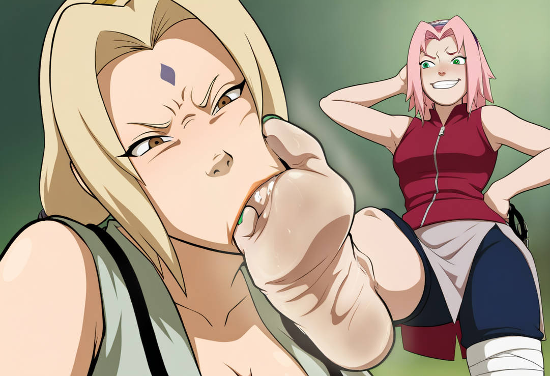 2girls, ai generated, blonde hair, brown eyes, dirty feet, feet, female, female only, foot fetish, foot focus, green eyes, green toenails, multiple females, multiple girls, naruto (series), nasty, pink hair, sakura haruno, soles, toe sucking, toes, tsunade