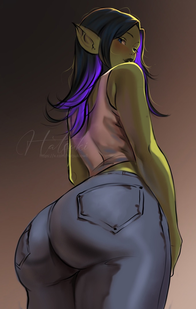 1girls, ass, ass focus, ass up, big ass, bubble ass, bubble butt, clothed, fantasy, fat ass, female, goblin, goblin female, hatsukiowil, huge ass, huge butt, huge thighs, onisha (hatsukiowil), original, pinup, showing ass, thick ass, thick legs, thick thighs, thunder thighs, thunderthighs, wide hips, wide thighs