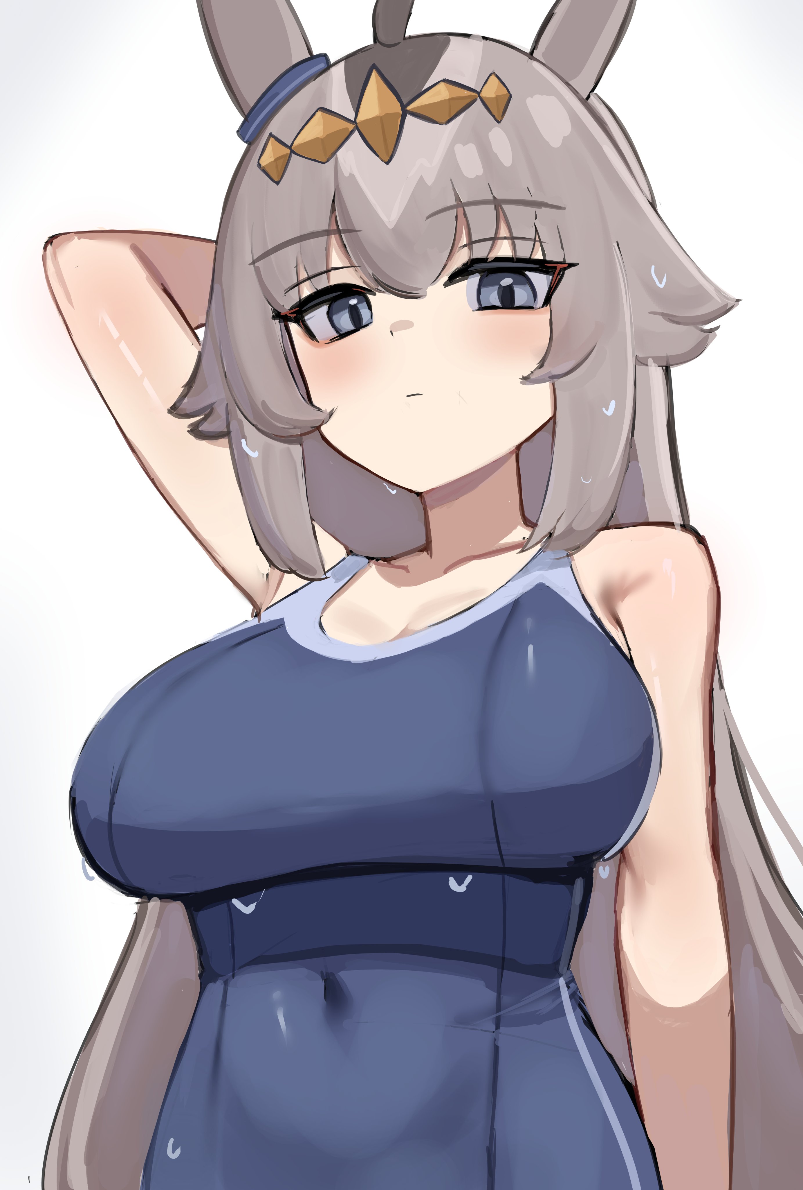 1girls, ahoge, arm behind head, arms up, blue eyes, breasts, female, female only, hair ornament, horse ears, horse girl, iog art, iog626, large breasts, light skin, light-skinned female, long hair, oguri cap (umamusume), one arm up, one-piece swimsuit, school swimsuit, skindentation, solo, umamusume, umamusume pretty derby, wet body, white hair