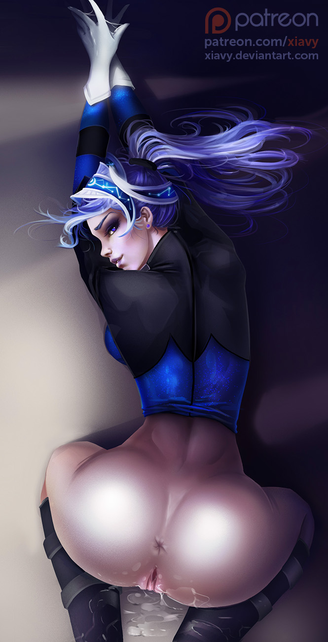 1girls, 2d, anus, ass, dota 2, female, female only, human, human female, human only, looking at viewer, looking back, luna (dota), pussy, solo, valve corporation, xiavy