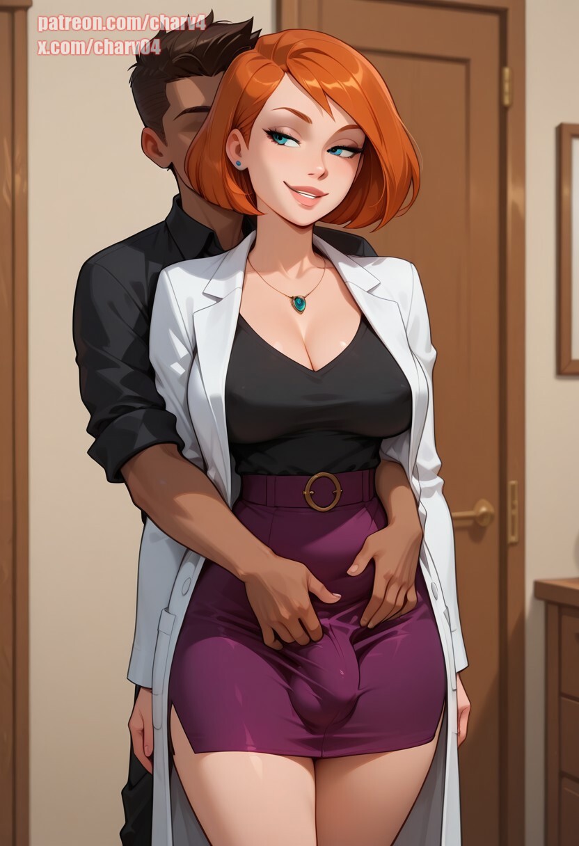 1boy, 1futa, 1male, ai generated, ann possible, breasts, brown hair, bulge, charv, dark skin, dark-skinned male, dark-skinned sub, futa on male, futadom, futanari, interracial, intersex, kim possible, labcoat, large breasted futa, large breasts, large penis, light skin, light-skinned futa, male, medium penis, orange hair, penis, purple skirt, realistic breast size, realistic penis size, red hair, red haired futa, redhead, redheaded futa, short hair