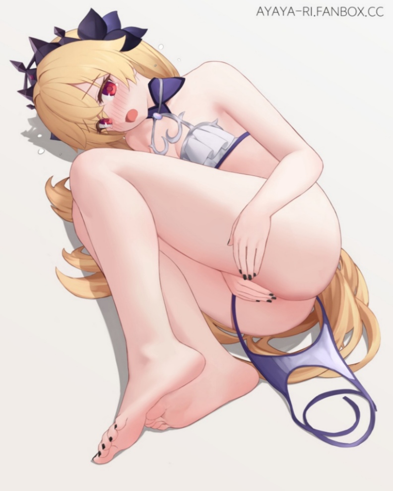 aqua nails, ass, bare shoulders, barefoot, bikini, black nails, blonde hair, blue nails, blush, eyebrows visible through hair, feet, female, fingernails, fischl (genshin impact), genshin impact, long hair, lying, nail polish, on side, open mouth, pink nails, purple nails, red eyes, soles, solo, swimsuit, toenail polish, toenails, toes, very long hair, white bikini