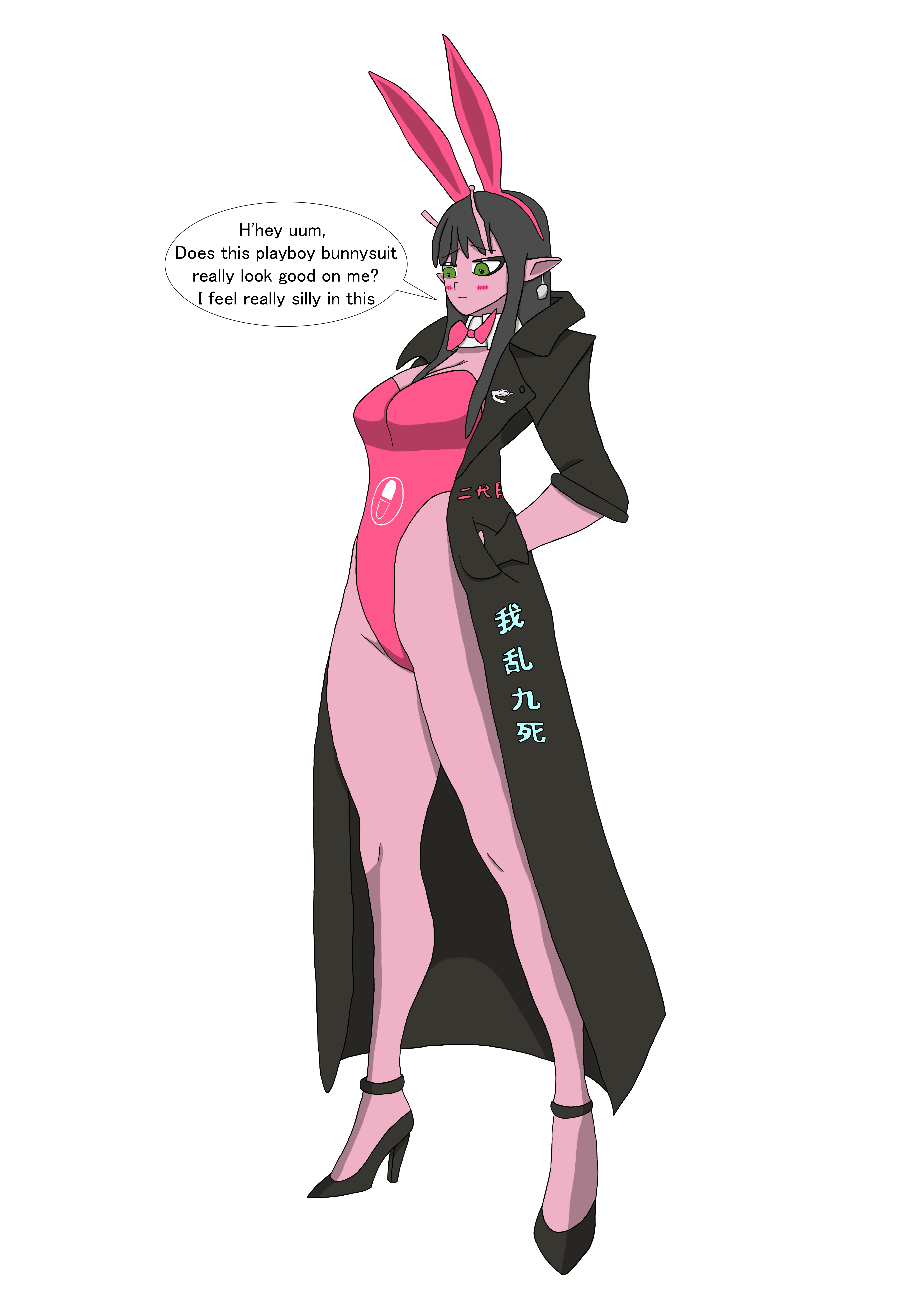 antennae, bewitching thighs, blush, broken antenna, bunny ears, coat, colored skin, daidouji akane, ear piercing, female, green eyes, high heels, jacket, leather, leather jacket, milky galactic universe, milky subway: the galactic limited express, piercing, pink skin, playboy bunny, strappy heels, twilight jester
