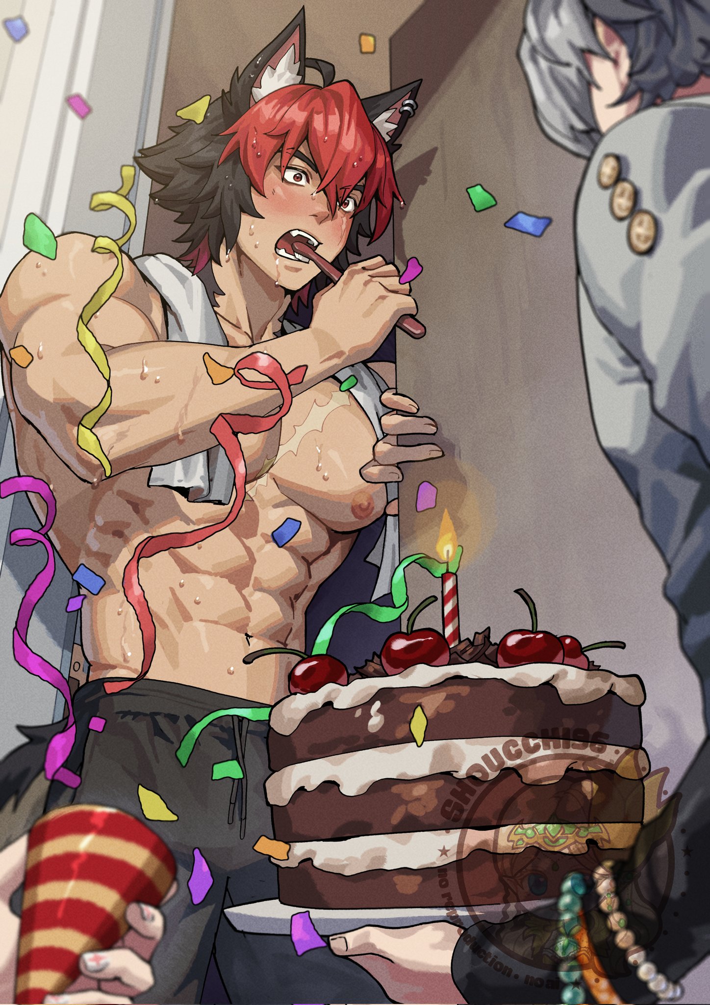 abs, bara, big pecs, birthday, blush, brushing teeth, bulge, cake, confetti, gay, kemonomimi, komano manato, male, male only, male/male, muscular, muscular male, nipples, pecs, scar, shoucchi96, surprised, sweat, tank top, towel, wise (zenless zone zero), yaoi, zenless zone zero