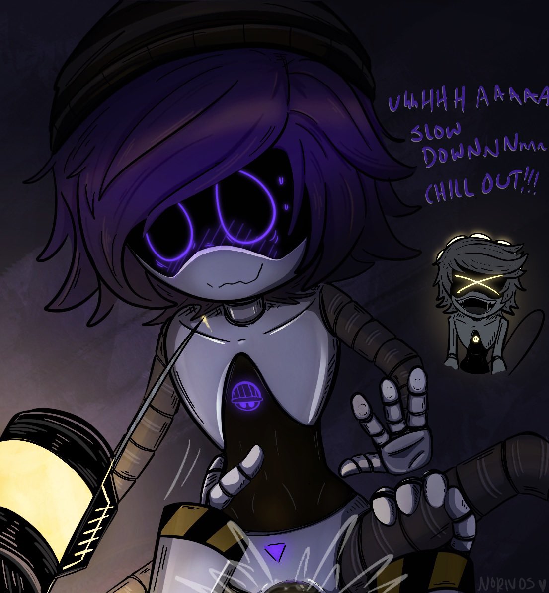 1boy, 1girls, anal penetration, anal sex, beanie, cum in pussy, male/female, murder drones, n (murder drones), norivos, purple eyes, purple hair, sex, tail, toony, uzi (murder drones)