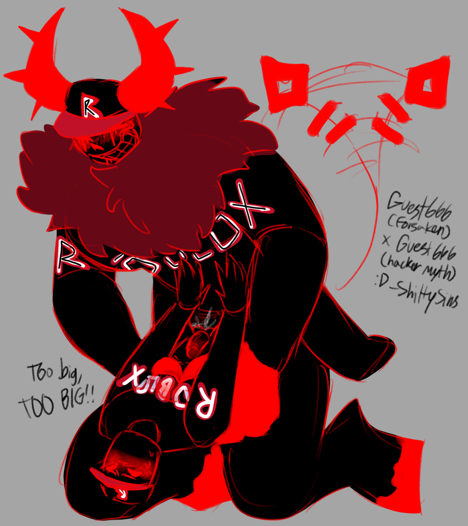 2boys, black body, caps, drawing, forsaken (roblox), guest 666, guest 666 (forsaken), hat, hooves, horns, male, red eyes, roblox, roblox game, robloxian, self, self upload, shittysins, size difference, tagme, tail, tail wagging, text, wagging tail