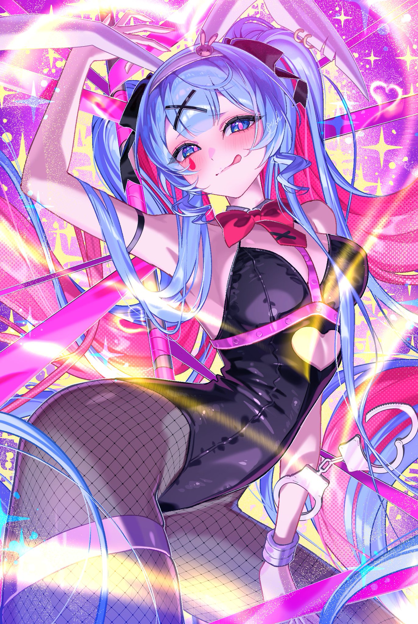 :q, 1girl, animal ears, arm up, armpits, bangs, big ass, big breasts, black leotard, blue eyes, blue hair, blush, bow, bowtie, breasts, bunny ears, bunny girl, bunnysuit, cowboy shot, cuffs, earrings, fake animal ears, female, fishnet pantyhose, fishnets, footwear, hair ornament, hairband, handcuffs, hatsune miku, heart, huge thighs, leotard, long hair, looking at viewer, medium breasts, pantyhose, pink hair, playboy bunny, purple hair, rabbit ears, rabbit girl, rabbit hole (vocaloid), ribbon, smile, solo, thighs, tongue, tongue out, twintails, very long hair, vocaloid, x hair ornament