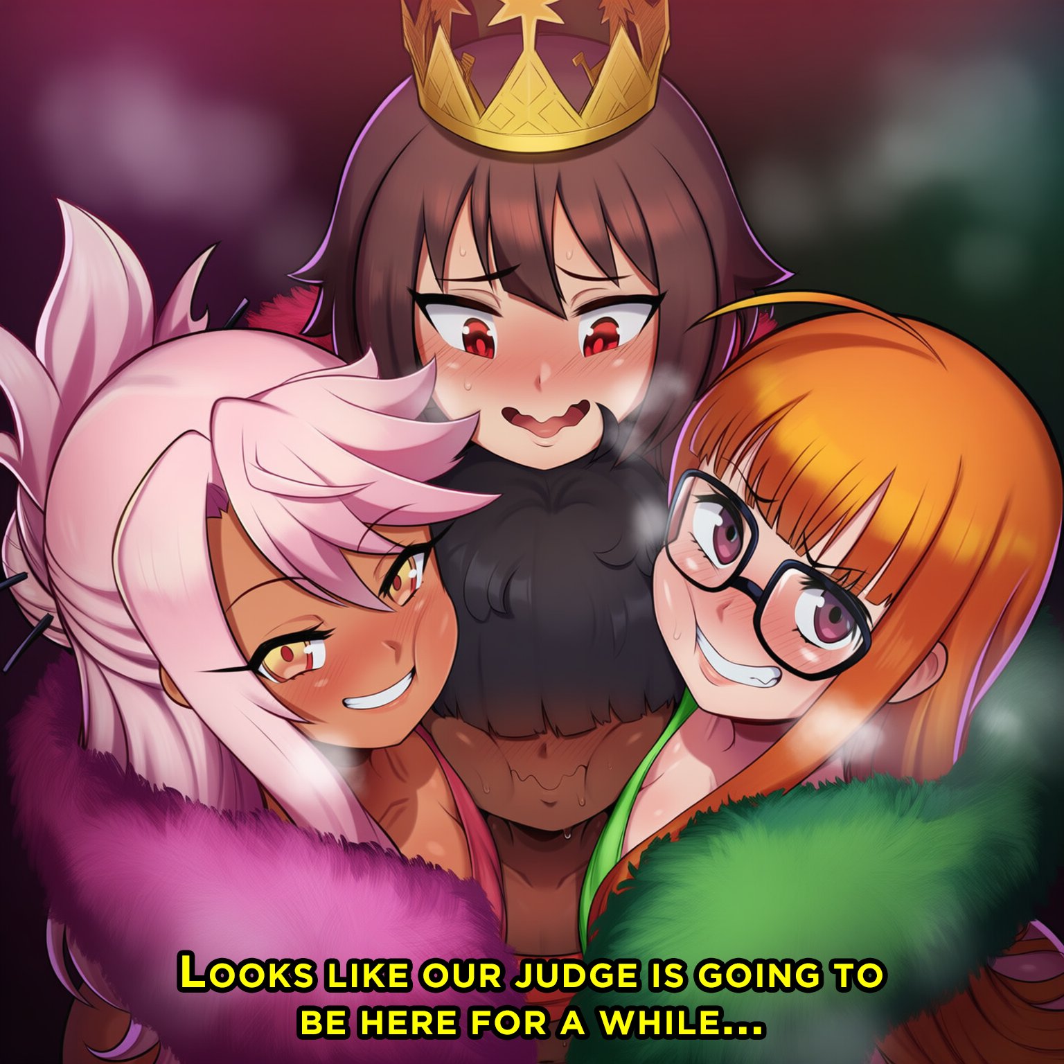 ai generated, chloe von einzbern, crossover, dark-skinned female, dark-skinned male, fate (series), female, kono subarashii sekai ni shukufuku wo!, light-skinned female, male, megumin, multiple females, multiple girls, persona 5, sakura futaba, softnjelly, steam