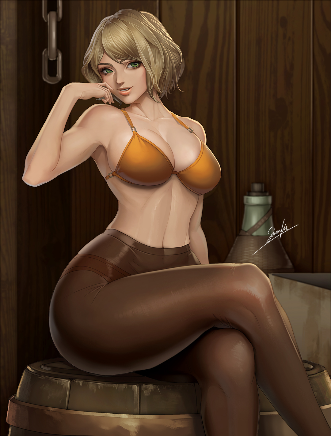 1girls, 2023, artist signature, ashley graham, ashley graham (ella freya), barrel, blonde hair, bob cut, bra, caucasian female, chains, chin length hair, crossed legs, cute and sexy, dark stockings, feet out of frame, female, female only, green eyes, hi res, light skin, light-skinned female, lingerie, looking at viewer, panties under pantyhose, pantyhose, resident evil, resident evil 4, resident evil 4 remake, short hair, sirenlin, sitting, sitting on barrel, slim female, slim waist, smile, smiling, smiling at viewer, solo, solo female, thick thighs