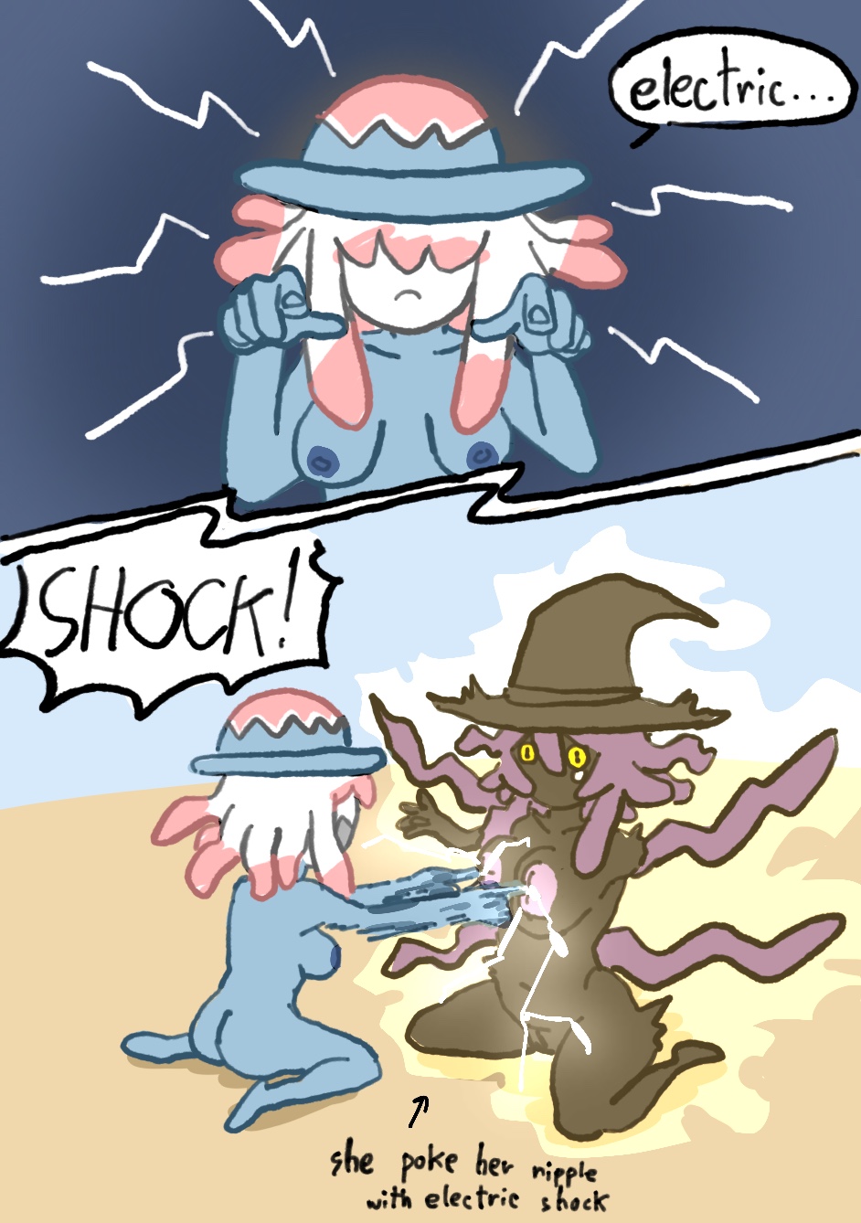2girl, 2girls, accelerator (tds), areolae, ass, beach, breasts, comic, comic page, comic panel, cute, electric shock, electricity, electricity play, electro, electrocution, electroshocker, electrostimulation, feet, female, imminent electrostimulation, jellyfish electroshocker, lesbian, naked, nipples, nude, octopus accelerator, pussy, roblox, roblox game, shock, shocked, shocking, sparks, tagme, tentacle, thighs, tower defense simulator, trophimos, yuri