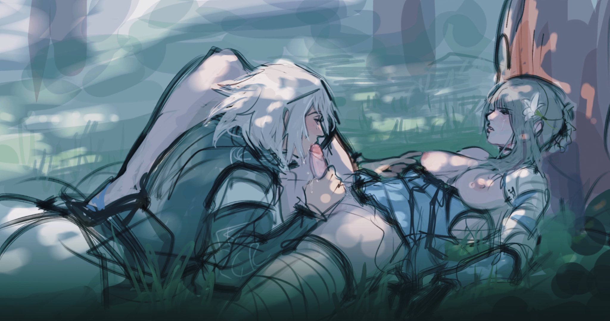 1boy, 1boy1girl, 1girls, against tree, bandage, bandaged arm, bandaged leg, between legs, big penis, blush, bottomless, bra down, braided hair, breasts, canon couple, clothed male nude female, color, cum, cum drip, cum in mouth, cum on face, cum on hand, cursoulla, erection, fellatio, female, female pubic hair, flower, flower in hair, forest, fully clothed, functionally nude, futa on male, futanari, hairband, half-closed eyes, intersex, kaine (nier), large penis, lighting, long hair, looking at partner, looking pleasured, lying, lying on back, lying on stomach, male, nier, nier (character), nier replicant, nipples, outdoor sex, outdoors, partially clothed, penis, penis grab, pubic hair, pubic hair peek, romantic, romantic couple, slight blush, spread legs, straight, sweatdrop, tied hair, white hair