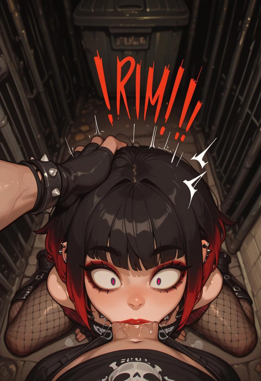 !!, 1boy, ai generated, bangs, black gloves, black hair, boots, bracelet, constricted pupils, deepthroat, ear piercing, english text, eyeshadow, fellatio, female, fingerless gloves, fishnets, gloves, gothic, gradient hair, head grab, irrumatio, jewelry, kneeling, lipstick, looking at viewer, makeup, male, multicolored hair, oral, original, penis, piercing, pov, purple eyes, red hair, saliva, short hair, solo focus, spiked bracelet, spikes, straight, thighhighs, uncensored, wide-eyed, yeartor