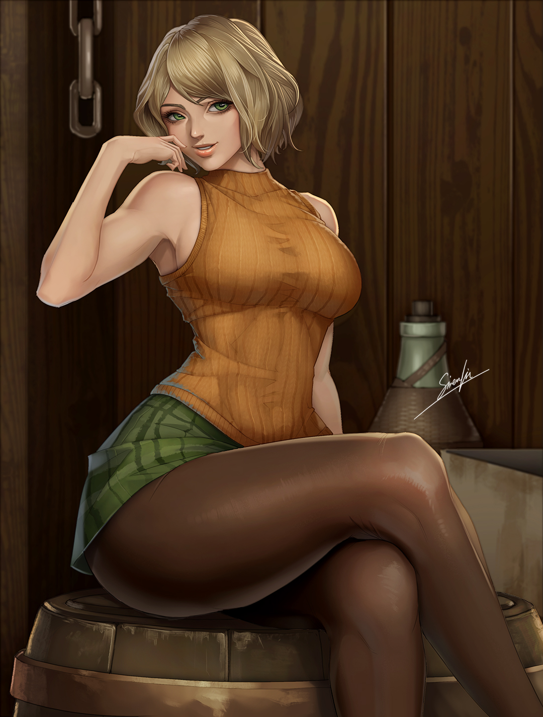 1girls, 2023, artist signature, ashley graham, ashley graham (ella freya), barrel, blonde hair, bob cut, caucasian female, chains, chin length hair, clothed, clothing, crossed legs, cute and sexy, dark stockings, feet out of frame, female, female only, green eyes, hi res, light skin, light-skinned female, looking at viewer, pantyhose, resident evil, resident evil 4, resident evil 4 remake, short hair, sirenlin, sitting, sitting on barrel, slim female, slim waist, smile, smiling, smiling at viewer, solo, solo female, thick thighs