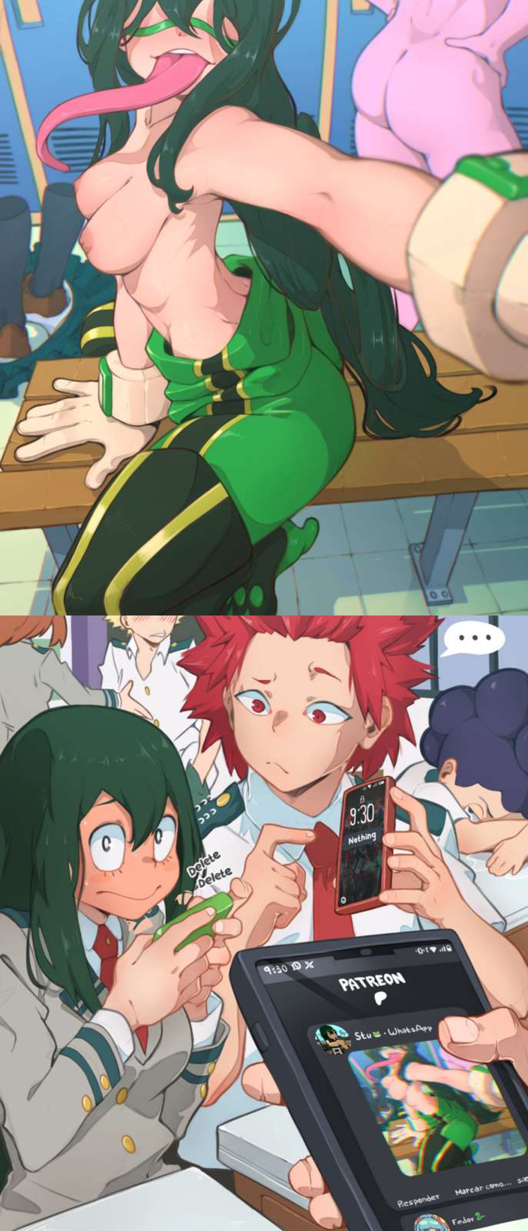 4boys, 4girls, bare breasts, breasts, classroom, embarrassed, fedorartt, female, hero outfit (mha), izuku midoriya, katsuki bakugou, kirishima eijirou, locker room, male, mina ashido, minoru mineta, my hero academia, nude, ochako uraraka, school uniform, selfie, teenager, tooru hagakure, tooru hagakure (invisible), tsuyu asui