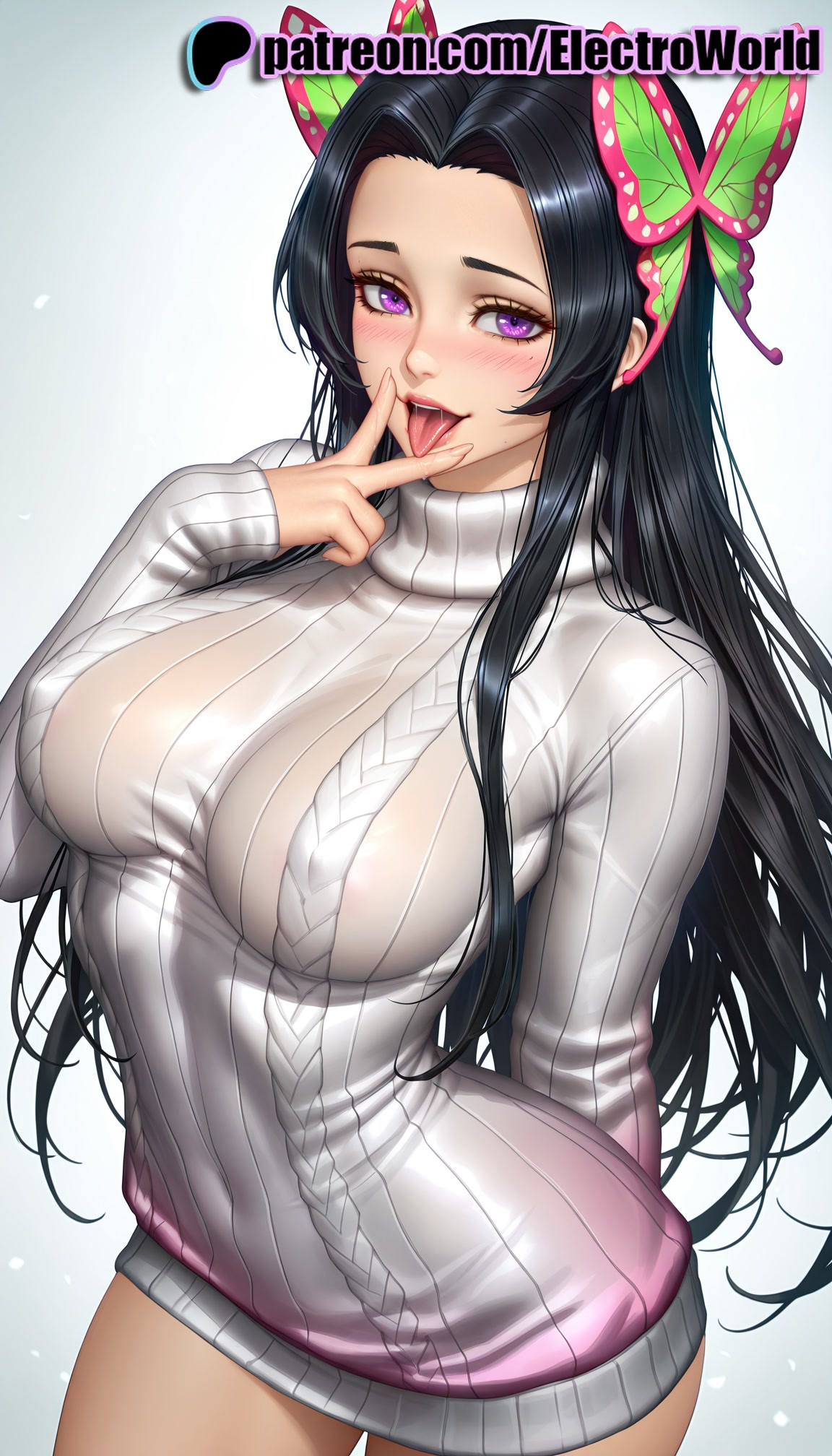 1girls, 2025, ai generated, artist name, big breasts, big chest, black hair, breasts, bug, bust, busty, butterfly, butterfly hair ornament, chest, cowboy shot, demon slayer, electroworld, female, gradient, gradient background, gradient hair, grey background, hair ornament, hi res, high quality, high resolution, highres, kimetsu no yaiba, kochou kanae, large breasts, long hair, looking at viewer, patreon, patreon username, purple eyes, ribbed sweater, solo, stable diffusion, sweater, tongue, tongue out, watermark
