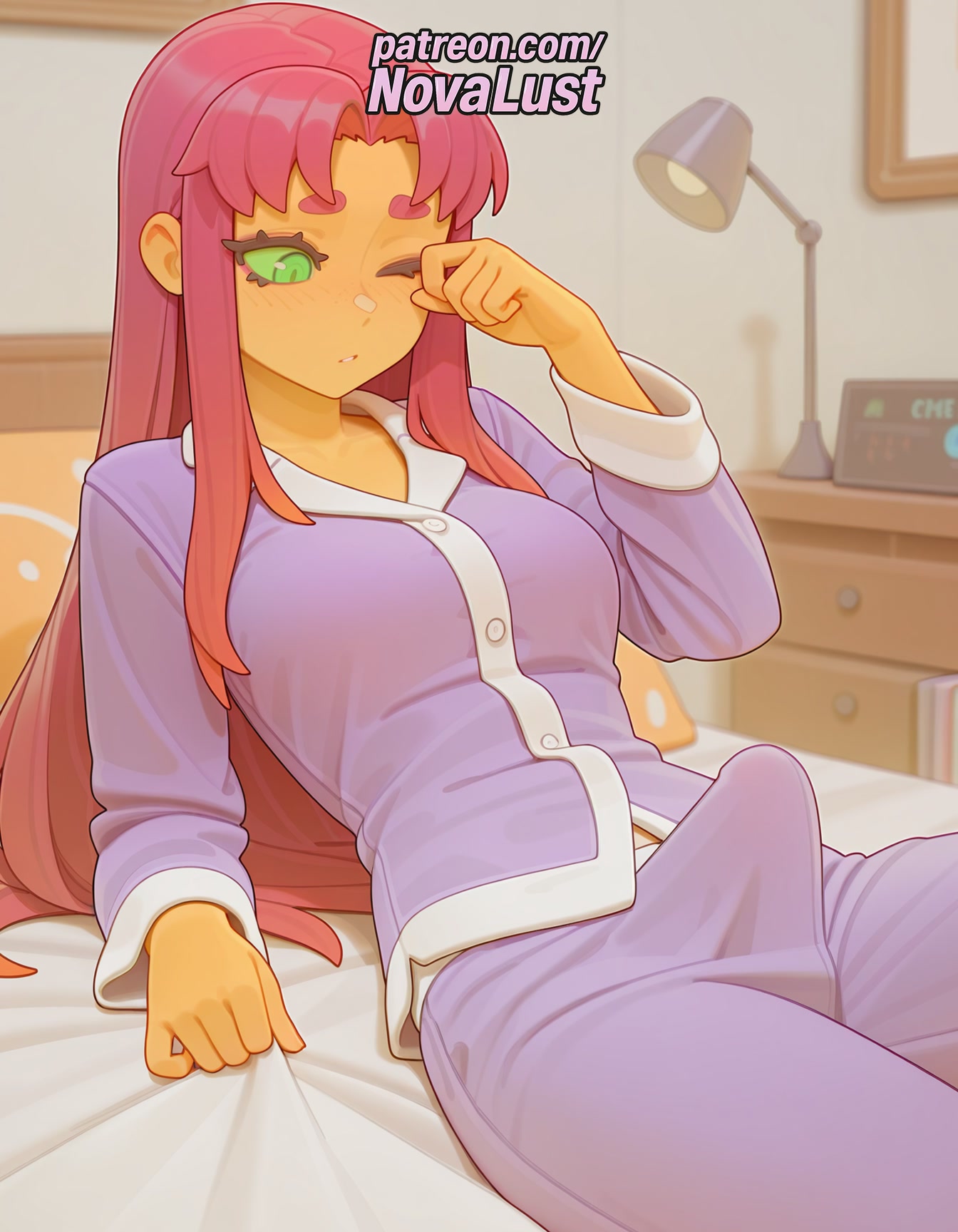 1futa, 2025, ai generated, artist name, average breasts, bed, bed sheet, bedroom, breasts, bulge, bust, cartoon network, chest, futanari, green eyes, hi res, high quality, high resolution, highres, indoors, intersex, long hair, medium breasts, morning wood, normal breasts, novalust, on bed, one eye closed, pajamas, patreon, patreon username, pink hair, rubbing eyes, sheet grab, sleepy, solo, stable diffusion, starfire, teen titans, waking up, watermark