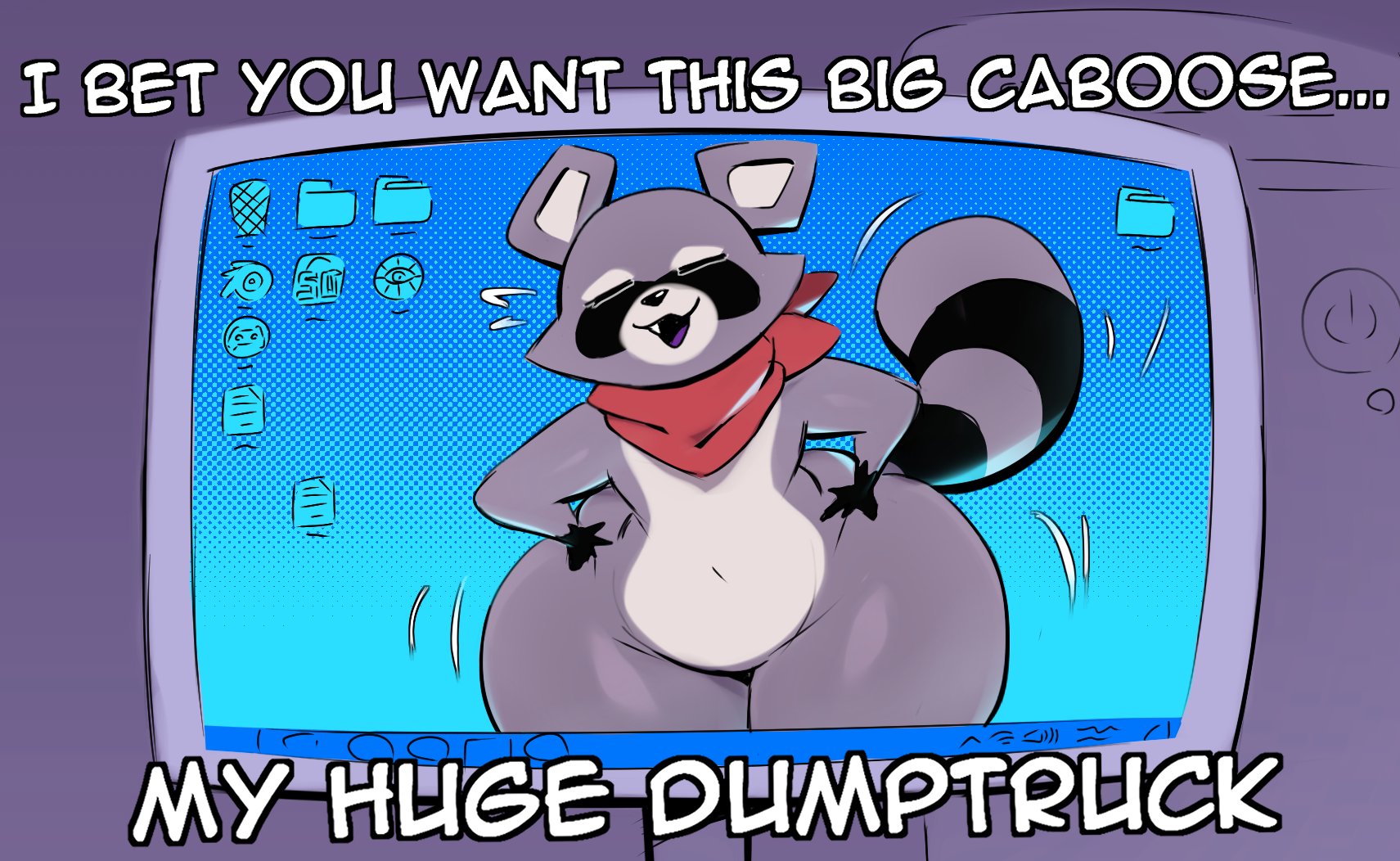 1boy, 2d, bandana, big thighs, caption, cartoony, closed eyes, computer, fat thighs, femboy, furry, furry only, hands on hips, huge thighs, indigo park, kkoart, male, male only, motion lines, no genitals, no sex, nonhuman, nude, open mouth, raccoon, rambley raccoon, shaking ass, solo, solo male, standing, tagme, talking to viewer, text, thick ass, thick tail, thick thighs, thighs