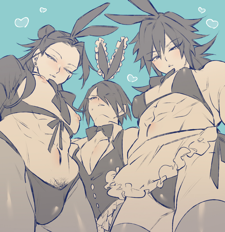 3boys, abs, androgynous, angry, angry expression, angry face, bare thighs, bikini, bikini top, bimbo, black bikini, black bikini top, black eyes, black hair, black panties, black underwear, blush, boruto: naruto next generations, bowtie, bunny, bunny boy, bunny costume, bunny ears, bunnysuit, collar, crossdressing, crossover, cute, demon slayer, ear piercing, earrings, erect nipples, femboy, feminine male, gay, getou suguru, girly, giyu tomioka, h sketch1t, hair bun, hair over one eye, heart, heart symbol, hearts around head, hi res, high resolution, highres, jewelry, jujutsu kaisen, kimetsu no yaiba, legwear, light skin, light-skinned femboy, light-skinned male, love heart, love hearts, maid, maid apron, maid outfit, maid uniform, male, male only, male/male, medium hair, micro bikini, naruto, naruto (series), nipples, nose blush, pale skin, pale-skinned femboy, pale-skinned male, panties, pantyhose, pecs, pose, posing, revealing clothes, sasuke uchiha, shonen jump, short skirt, shoulder length hair, shounen jump, shueisha, sissification, skimpy, skimpy clothes, skirt, spiky hair, standing, suguru geto, thighhighs, thighs, tied hair, tomioka giyuu, trap, uchiha sasuke, underwear, weekly shonen jump, weekly shounen jump, yaoi
