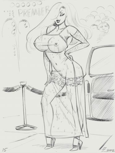 2002 arm_gloves car clothes disney dress eyeshadow hair_over_one_eye hand_on_hip hand_on_thigh heels hourglass_figure jessica_rabbit julius_zimmerman long_hair monochrome nipples red_carpet standing stockings transparent_dress who_framed_roger_rabbit