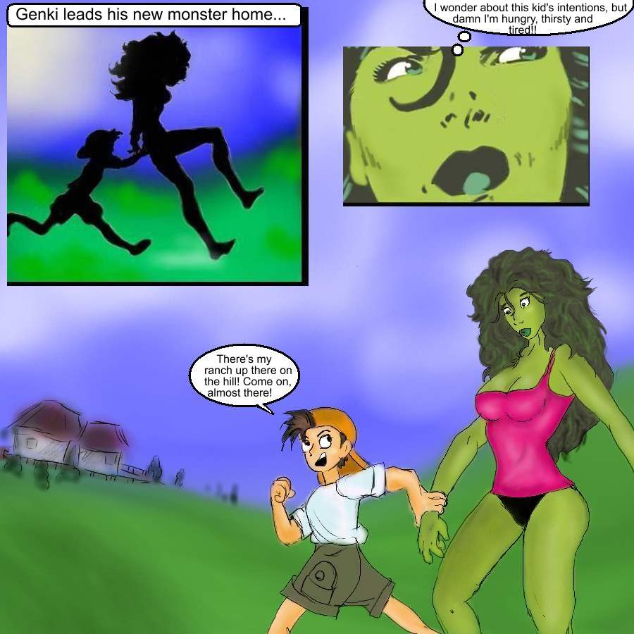 1boy 1girls avengers color comic crossover dialogue female genki green_hair green_skin hulk_(series) marvel marvel_comics monster_farm monster_rancher she-hulk speech_bubble tagme thought_bubble